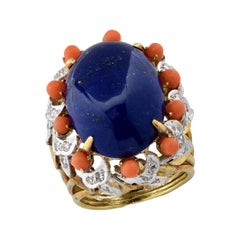 Lapis, Diamond and Coral Cocktail Ring, circa 1970s