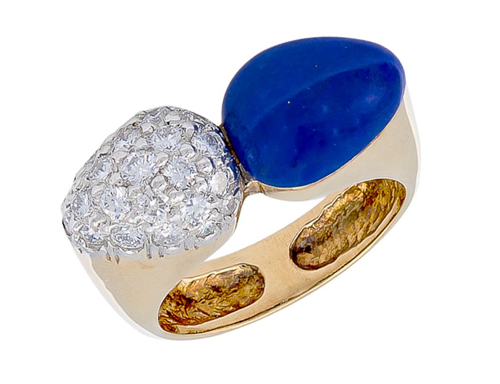 Retro Lapis & Diamond Bombe Bypass Ring For Sale