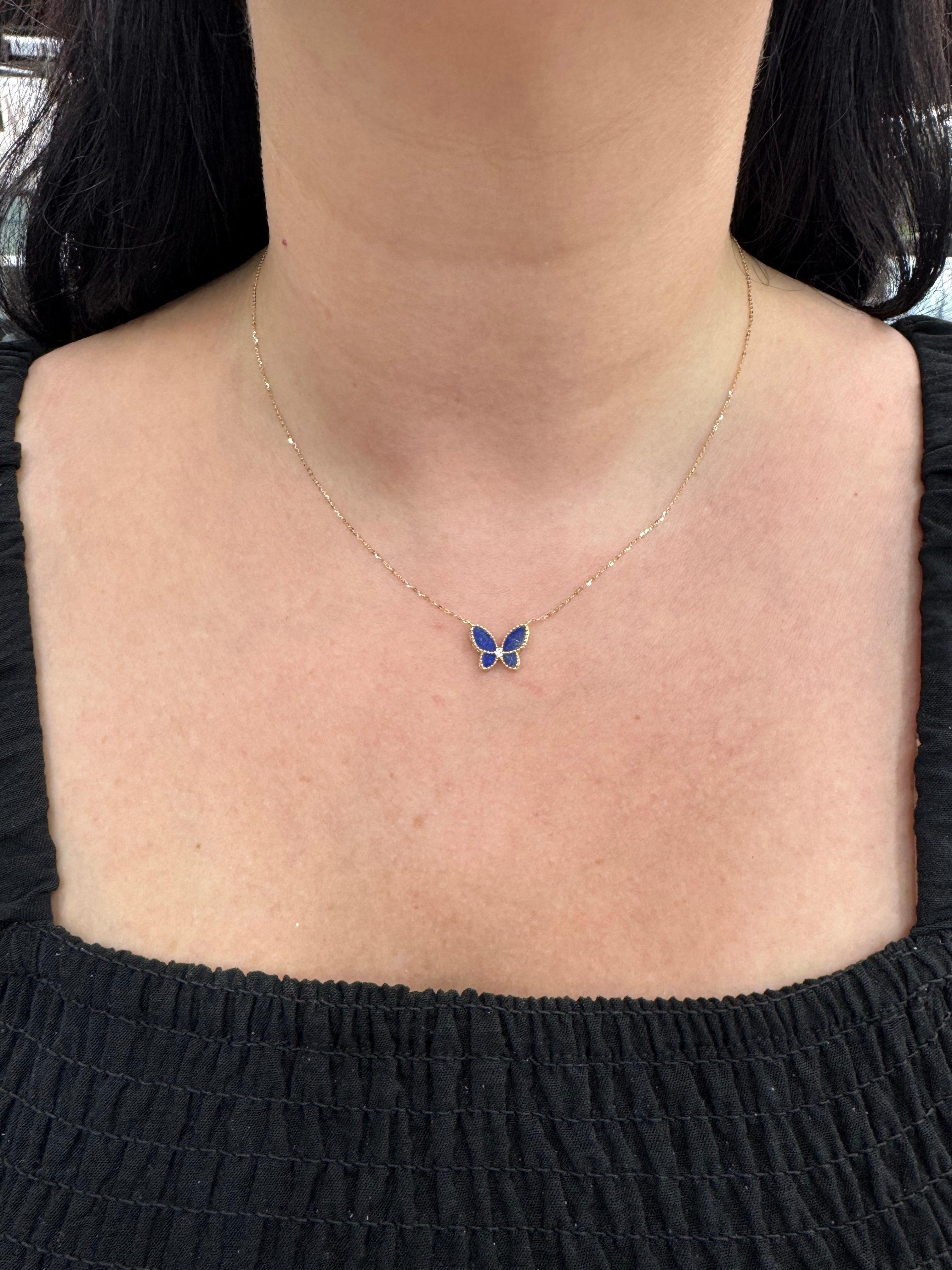 Collier Lapis Diamond Butterfly Beaded Trim (or jaune 14 carats) G VS2 Neuf - En vente à New York, NY