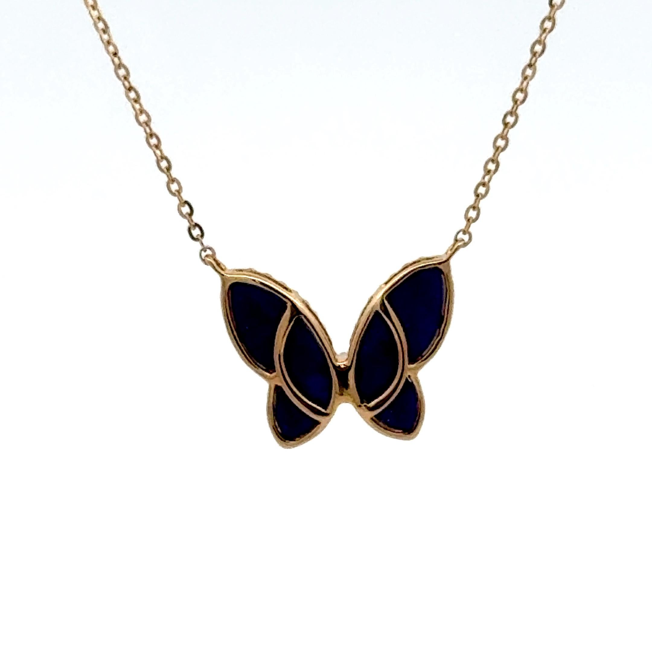 Collier Lapis Diamond Butterfly Beaded Trim (or jaune 14 carats) G VS2 Pour femmes en vente