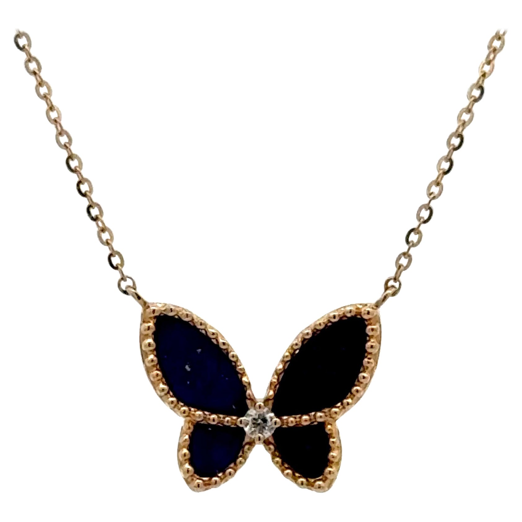 Collier Lapis Diamond Butterfly Beaded Trim (or jaune 14 carats) G VS2
