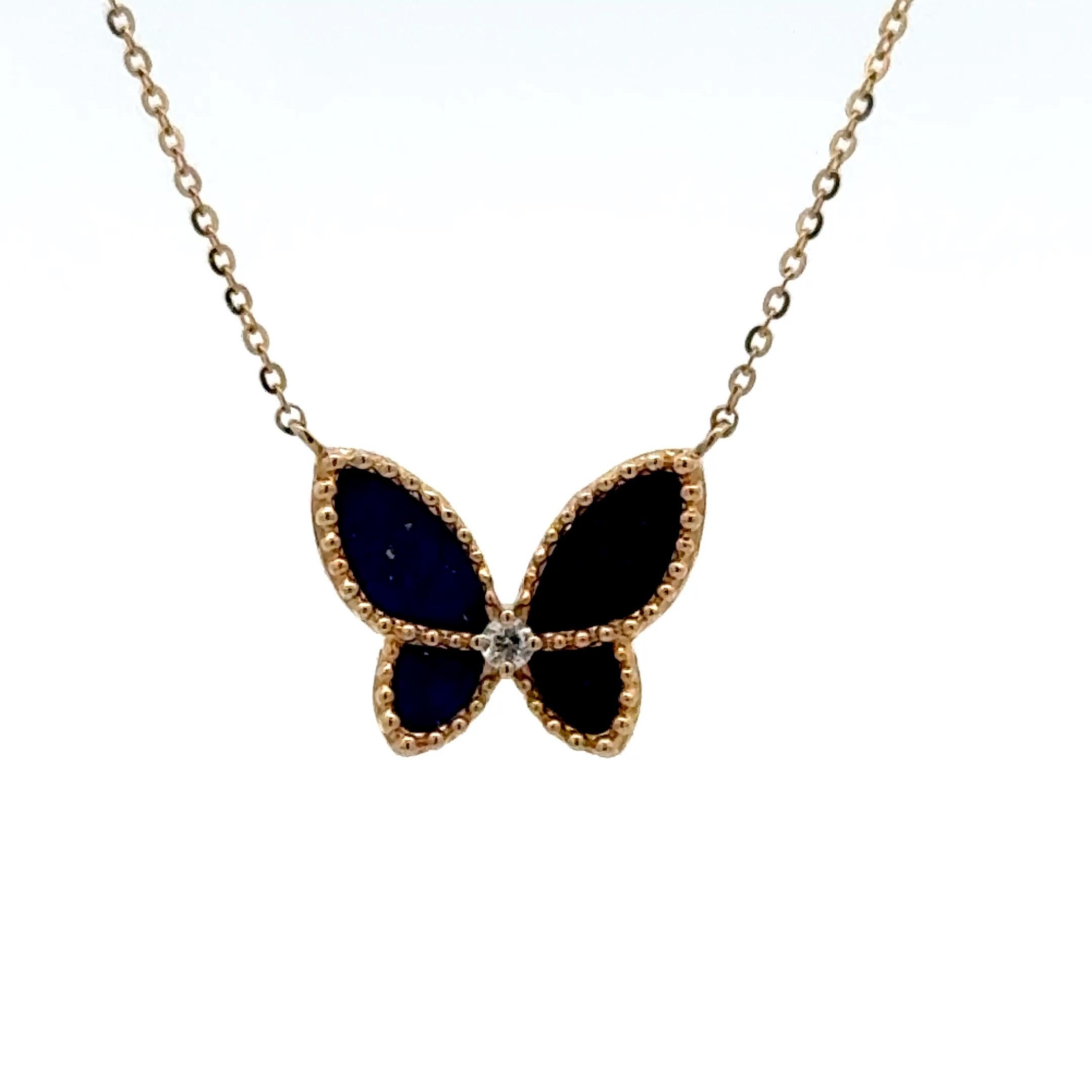 Collier Lapis Diamond Butterfly Beaded Trim (or jaune 14 carats) G VS2 en vente