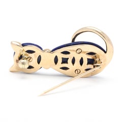 Lapis Diamond Cat Brooch, 14k Yellow Gold, Sitting Cat