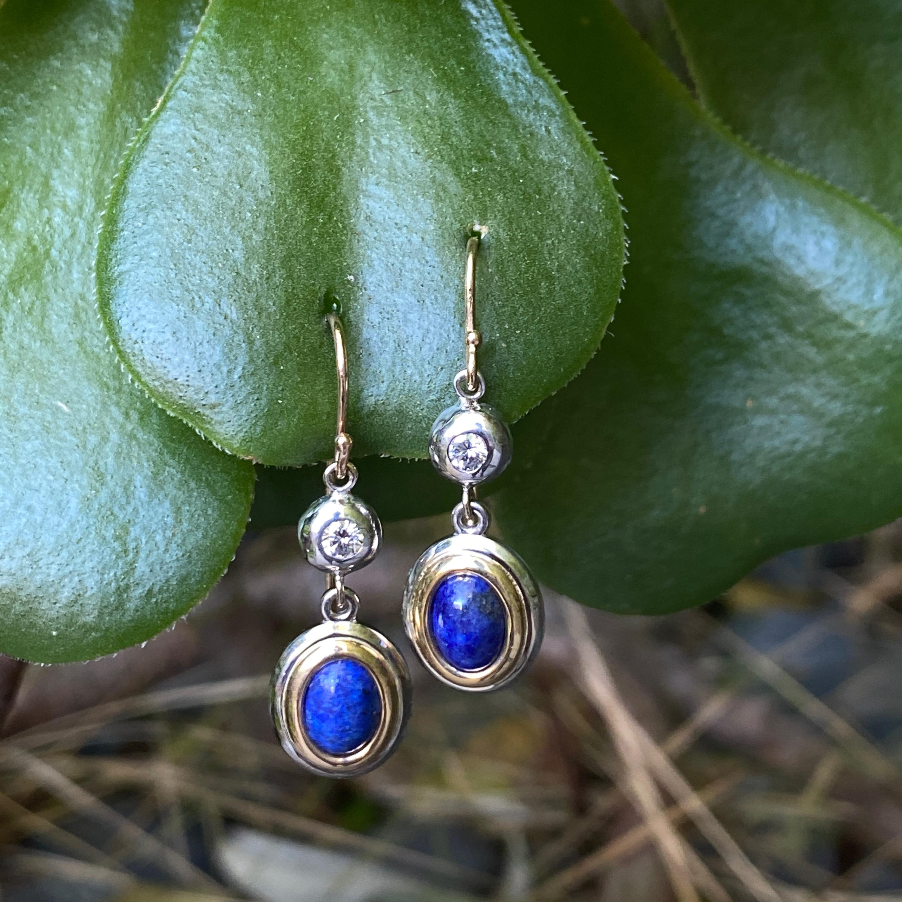 Contemporary Lapis & Diamond Dangle Earrings on Shepherd's Hook Wires in Yellow & White Gold