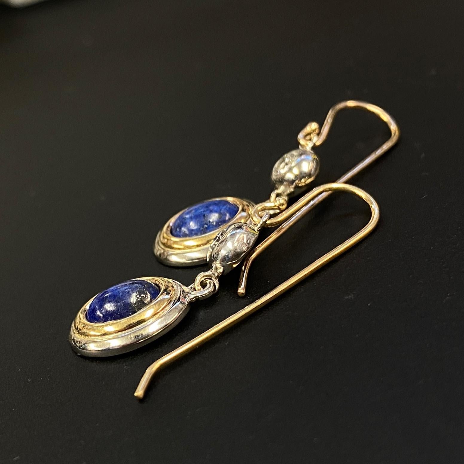 Lapis & Diamond Dangle Earrings on Shepherd's Hook Wires in Yellow & White Gold In New Condition In Sherman Oaks, CA