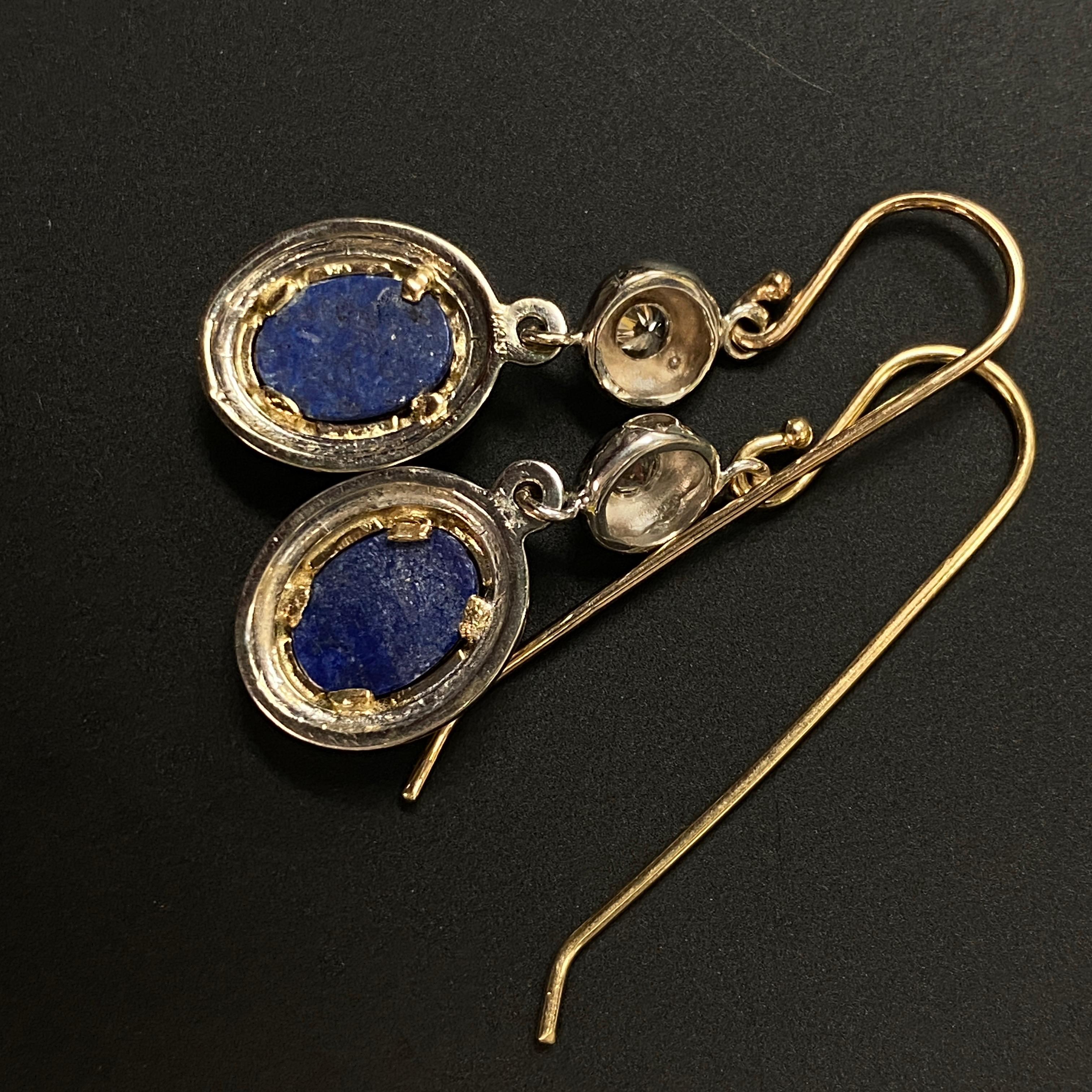 Lapis & Diamond Dangle Earrings on Shepherd's Hook Wires in Yellow & White Gold 1