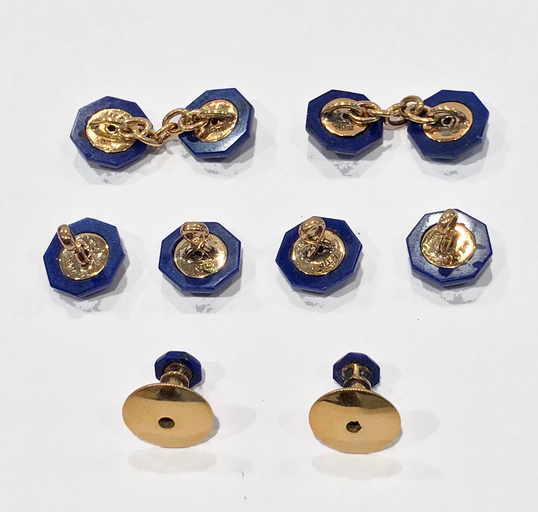 Set of 18K, Platinum, Lapis and Diamond gold Studs and links Tuxedo Set in fitted box, English C.1920. The studs of octagonal shape, each milligrain set in the center with a round facetted diamond and lapis surround, the Cufflinks with chain link