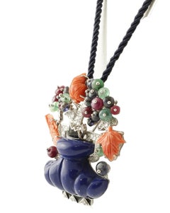 Lapis, Diamonds, Emeralds, Rubies, Sapphires, Coral, Gold Flower Vase Brooch