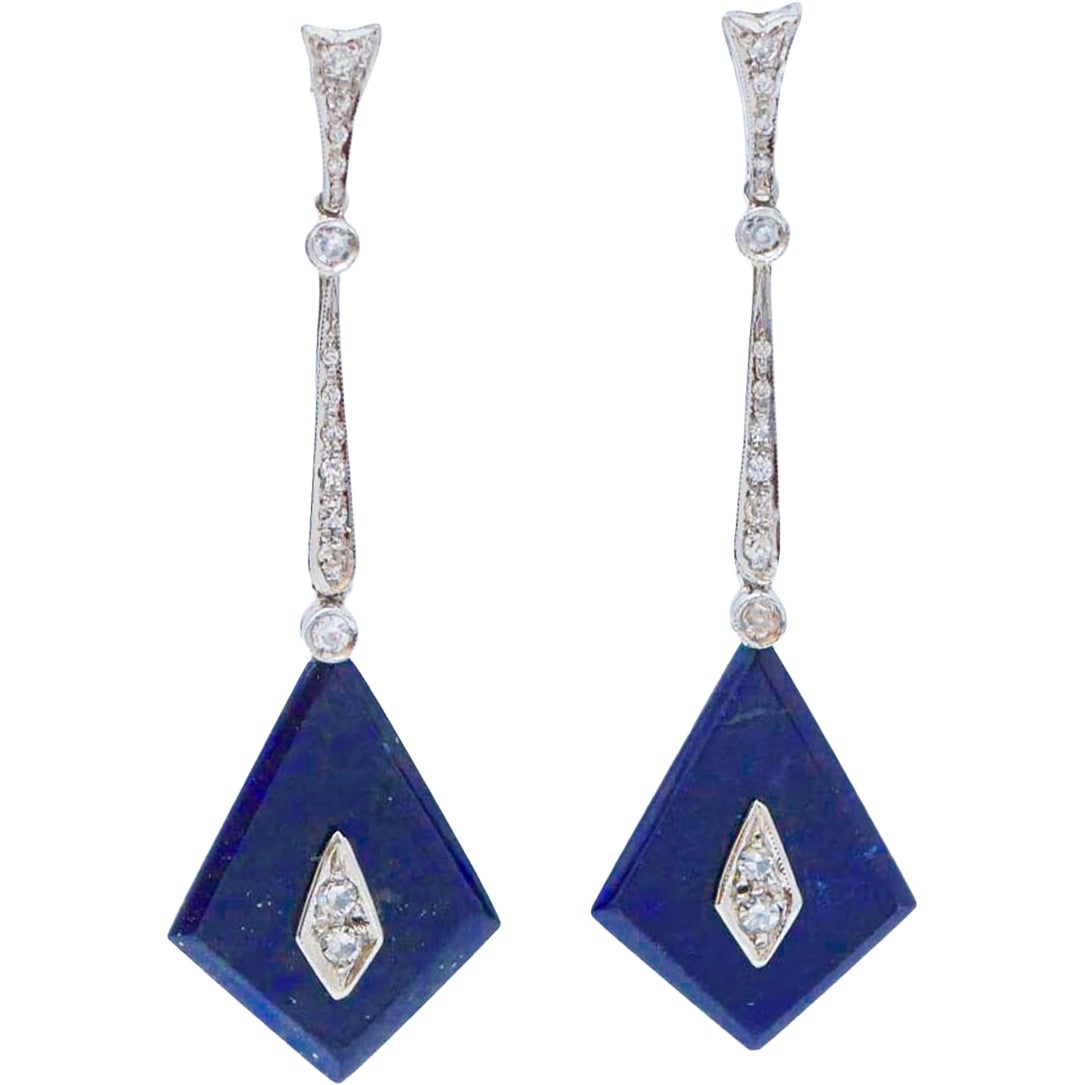 Lapis, Diamonds, Platinum Dangle Earrings. For Sale