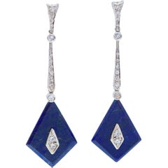 Lapis, Diamonds, Platinum Dangle Earrings.