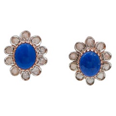 Lapis, Diamonds, Rose Gold and Silver Earrings.