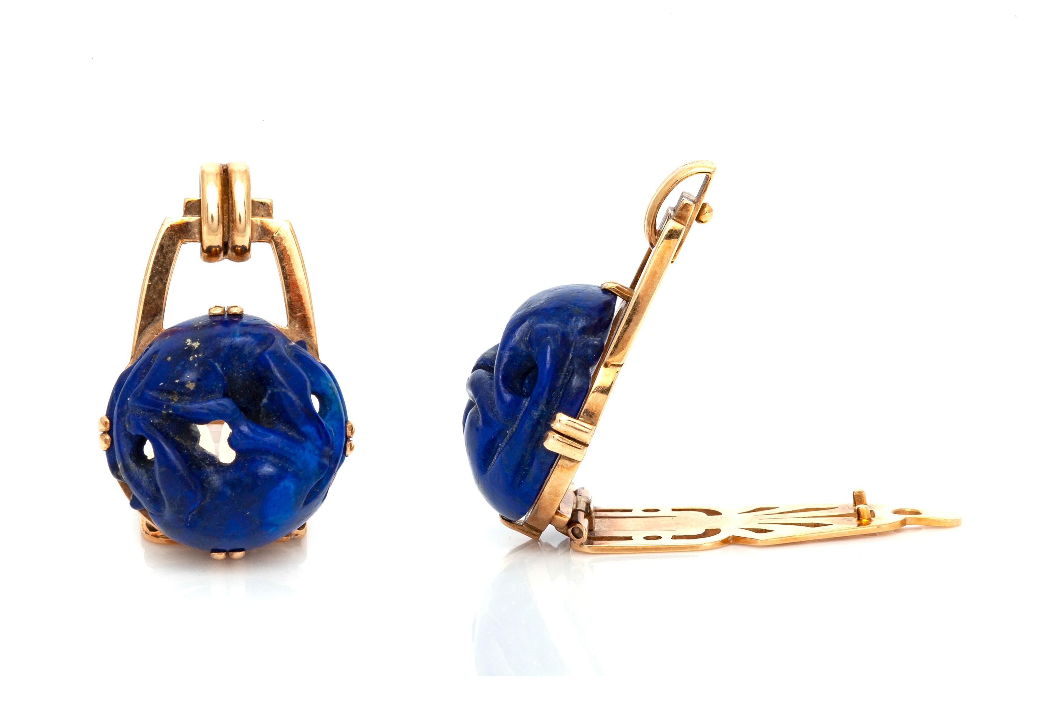 Double clip, finely crafted in 14k yellow gold with lapis. Circa 1970's.