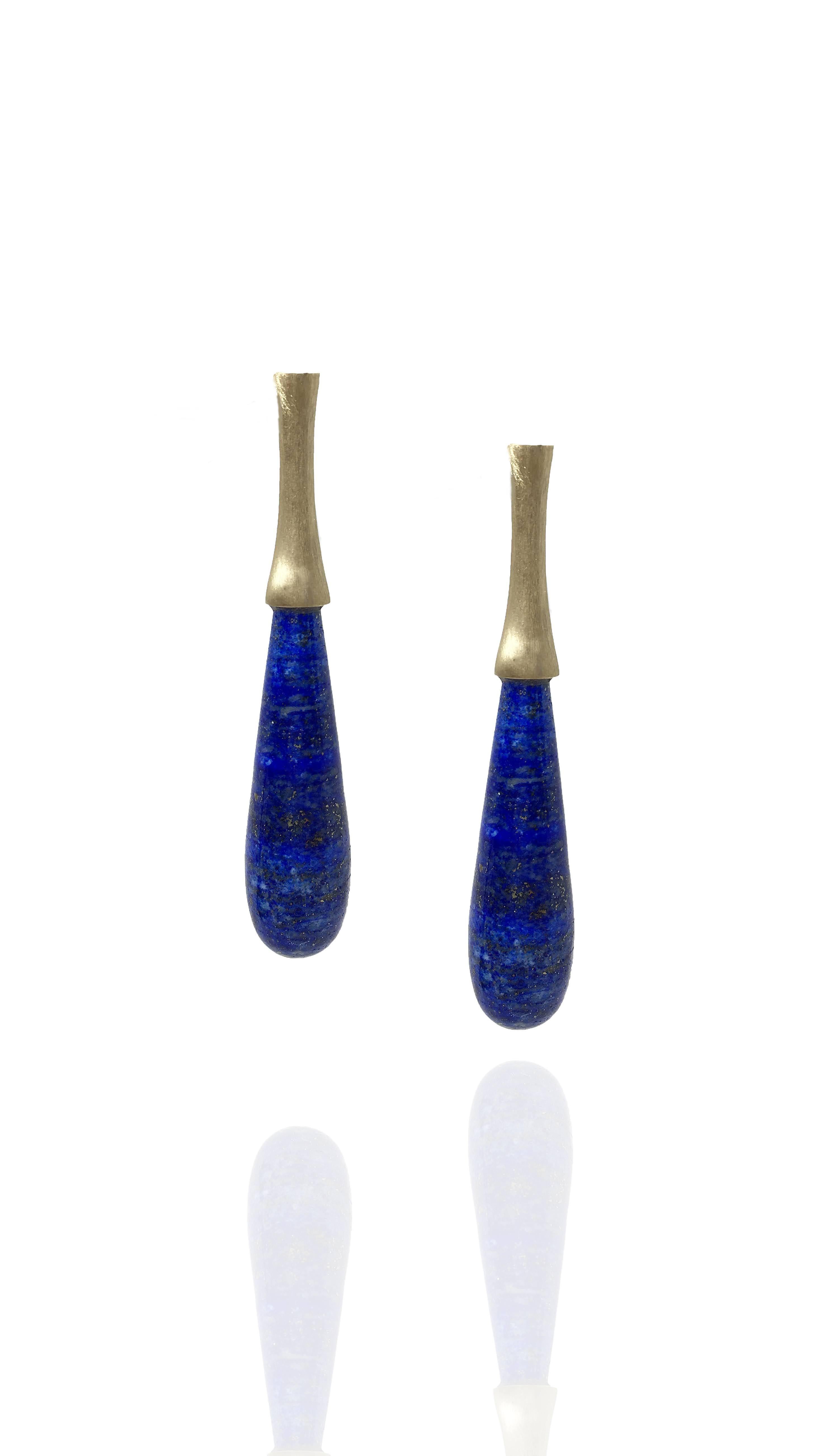 These one of a kind lapis lazuli drops are long and elegant with gorgeous flecks of white calcite and pyrite crystals. 