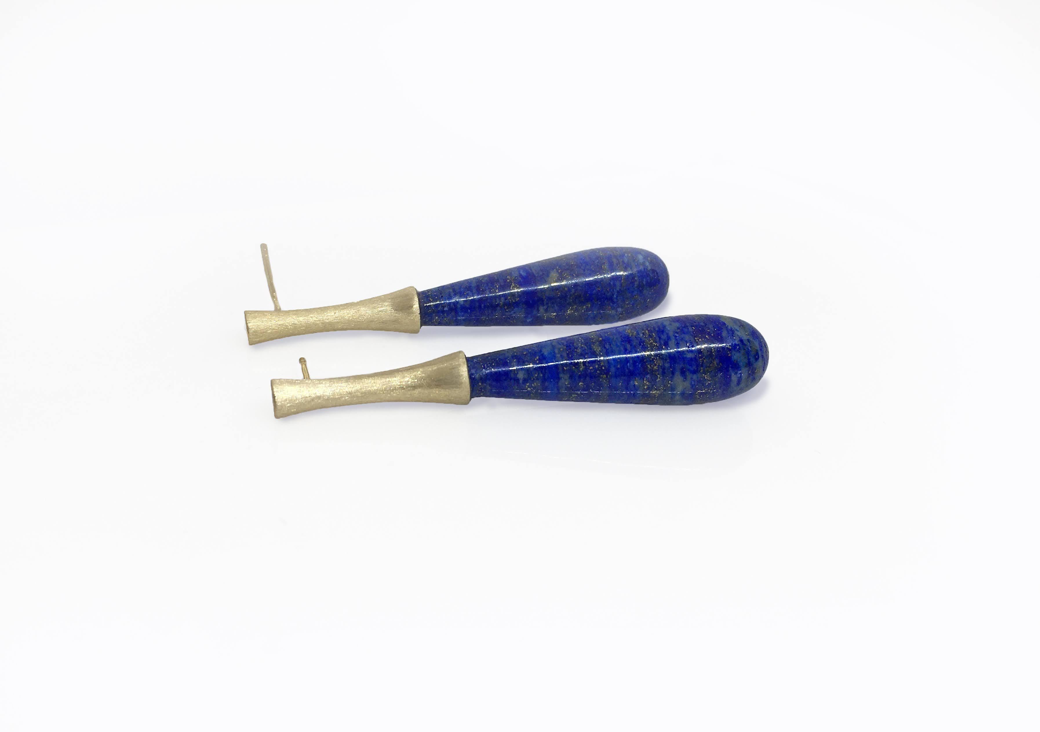 Bead Lapis Drops on Long Yellow Gold Stem Earrings For Sale
