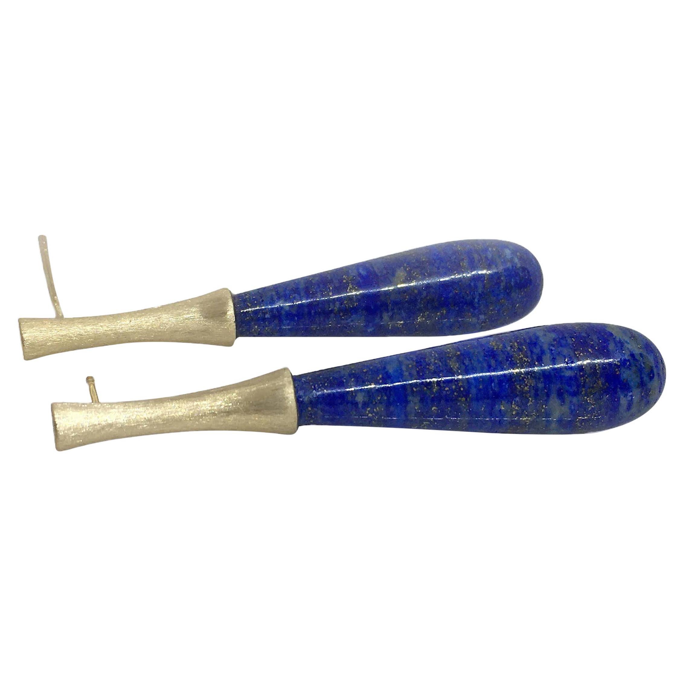 Lapis Drops on Long Yellow Gold Stem Earrings For Sale