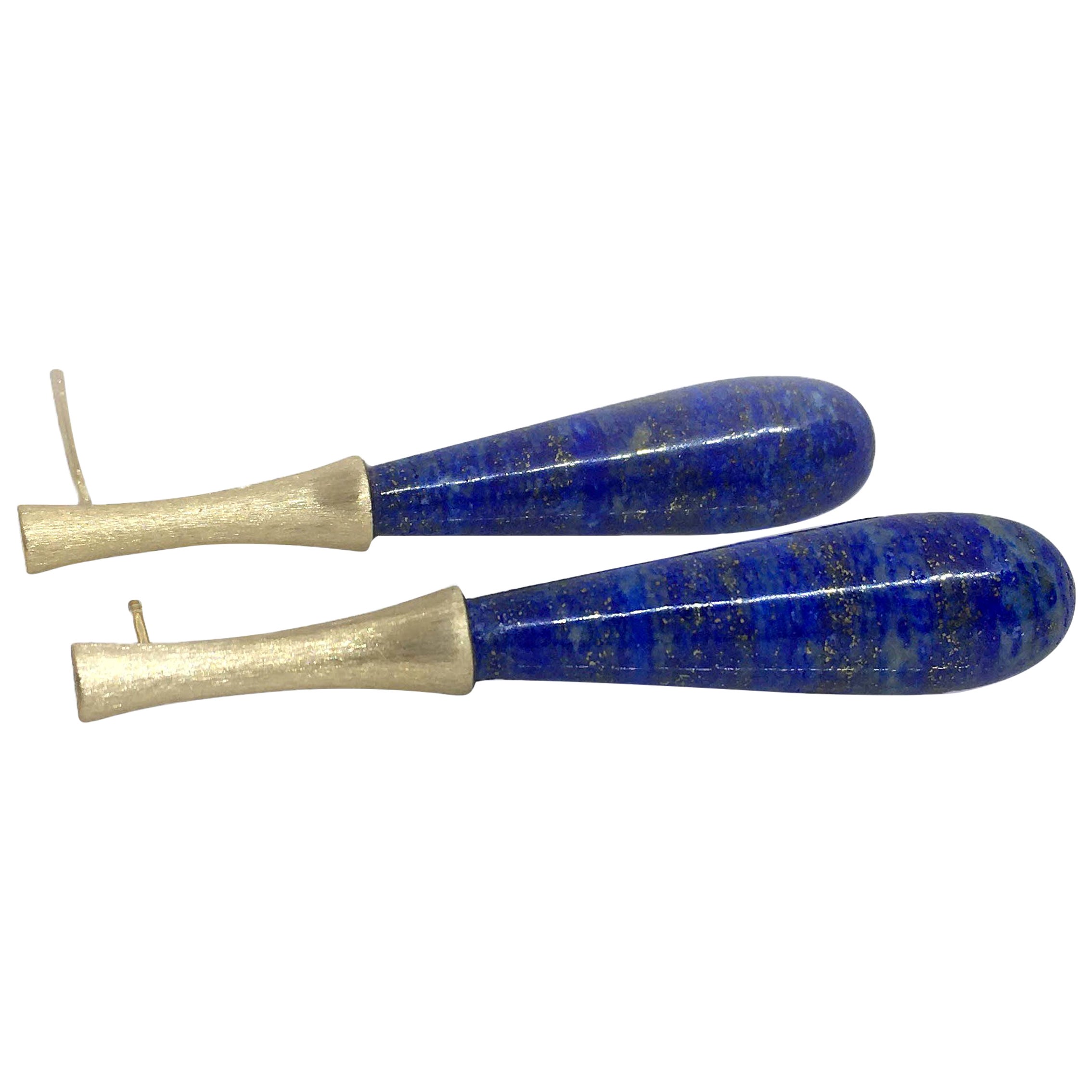 Lapis Drops on Long Yellow Gold Stem Earrings For Sale