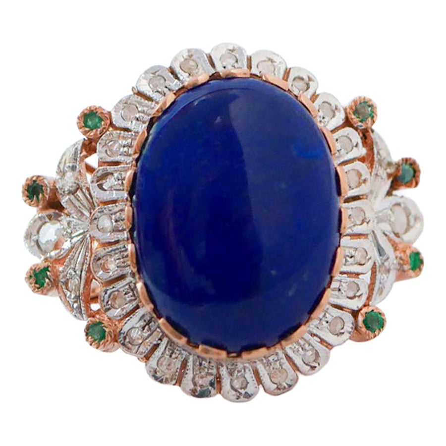 Lapis, Emeralds, Diamonds, Rose Gold and Silver Ring. For Sale