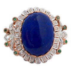 Lapis, Emeralds, Diamonds, Rose Gold and Silver Ring.