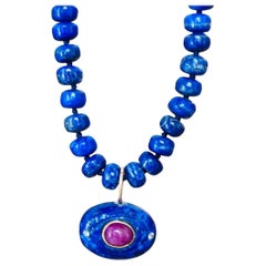 Lapis Evil Eye Necklace with Ruby, Diamonds & 14k Gold