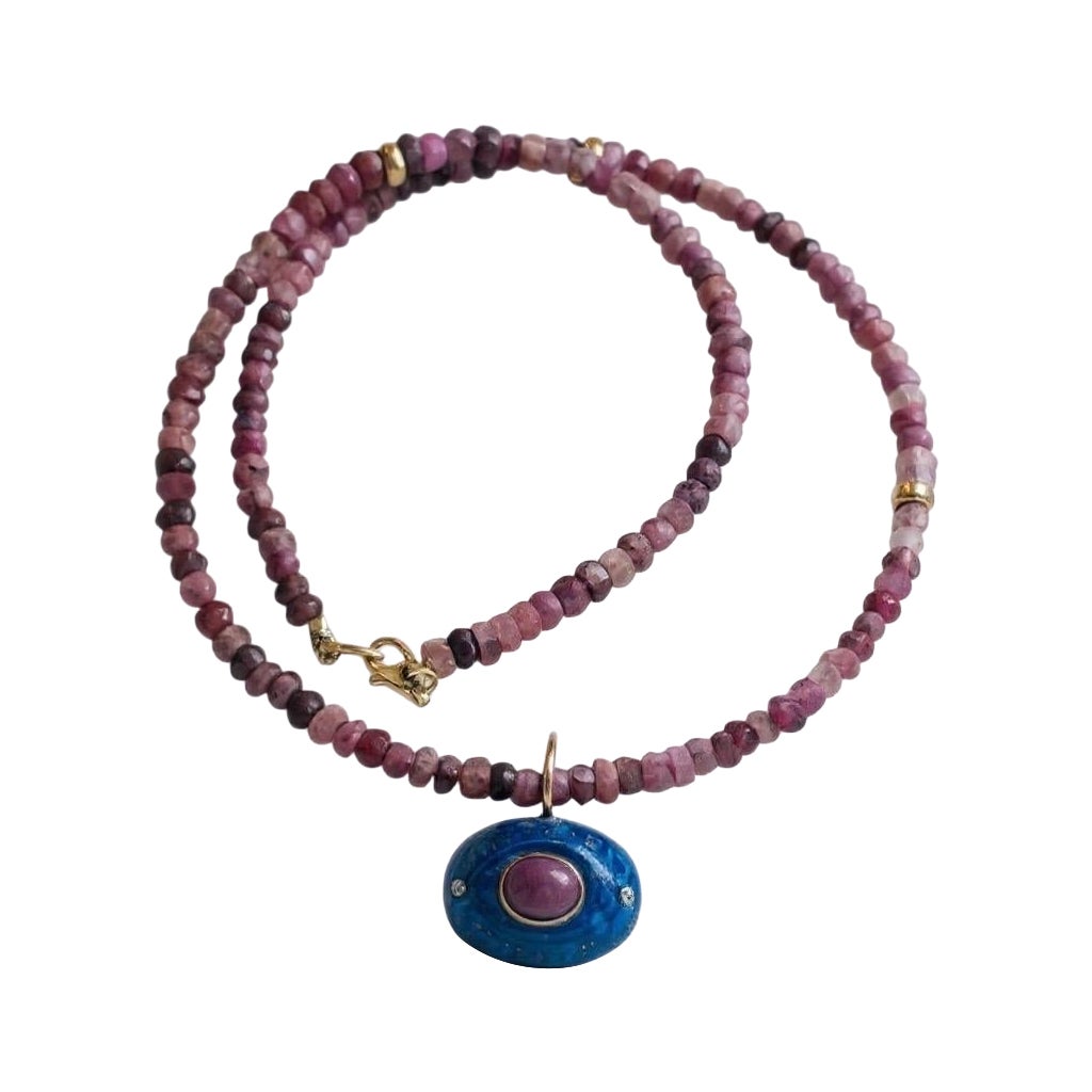 Malocchio di Lapis con rubino e diamanti su una collana di perline di rubino con oro 14k in vendita
