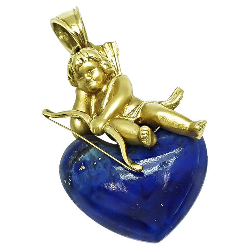 Lapis Gold Cupid Pendant For Sale