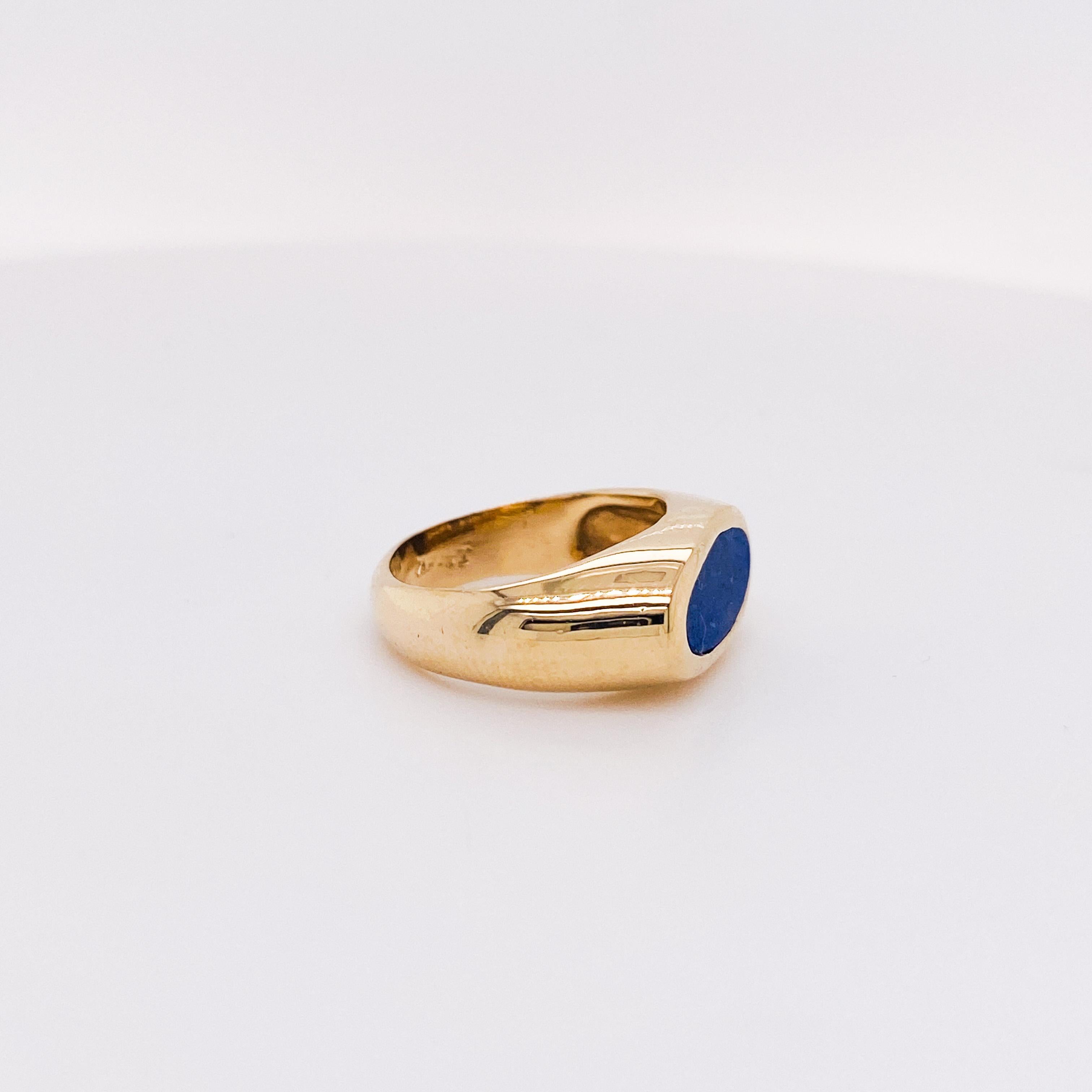 This pinky signet ring is such a versatile piece! You can pair it with multiple rings for a bold, fashionable look or leave it by itself for a subtle, classy look. What really gives the ring its unique style is the strong blue pop of color of the