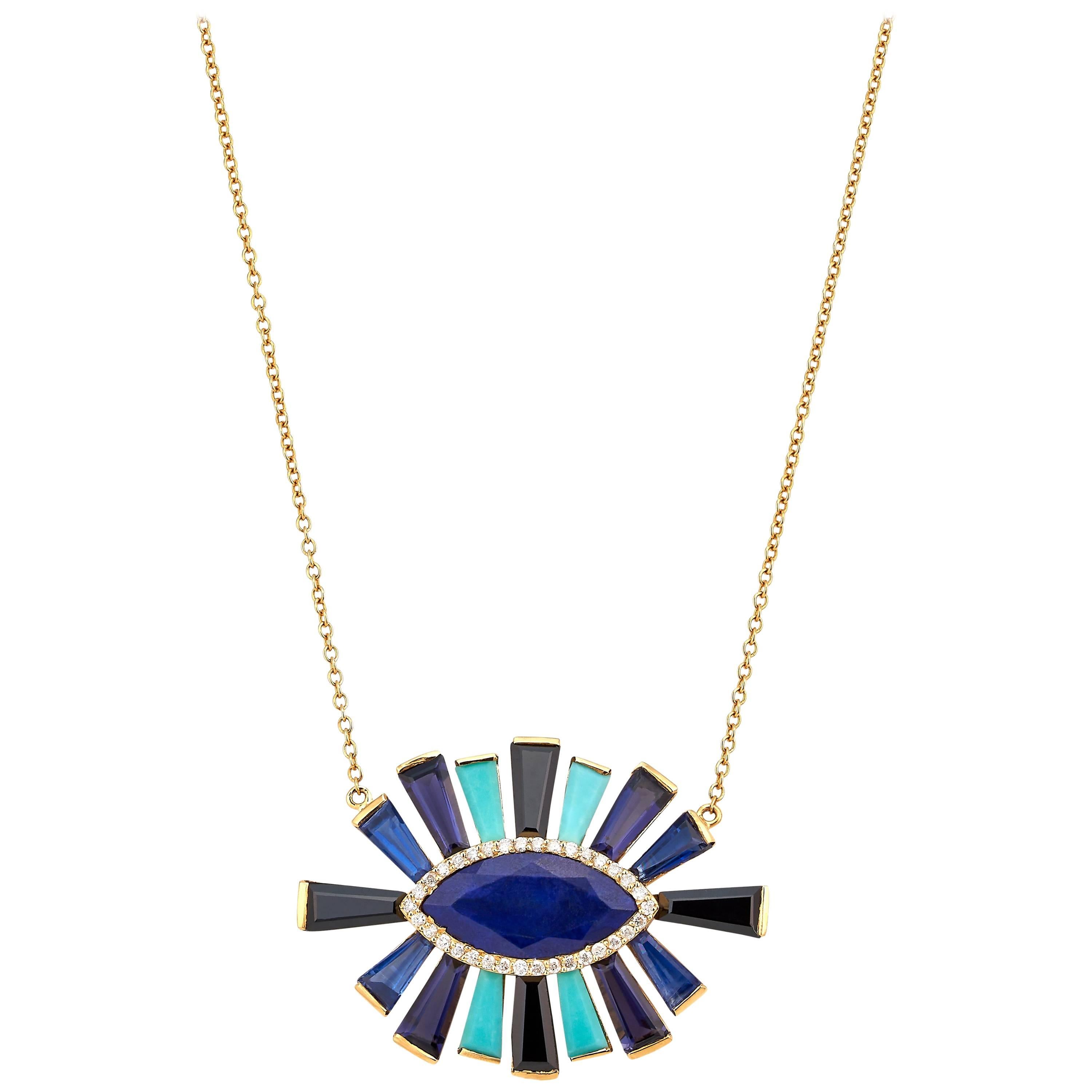Lapis, Kyanite, Onyx, Turquoise and Diamond Halo Luminous Necklace 18 Karat Gold For Sale