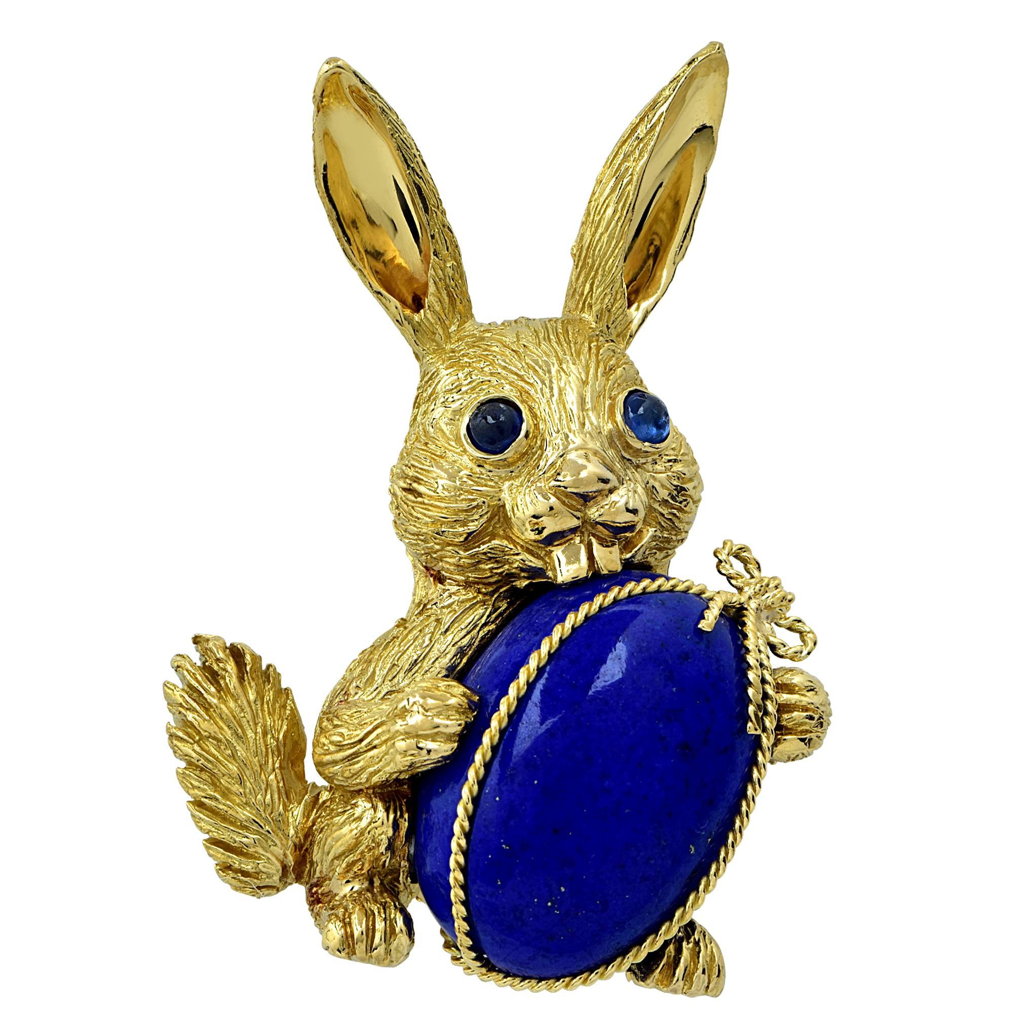  Lapis Lazuli & Sapphire Bunny Rabit 18 Karat Yellow Gold Brooch Pin 