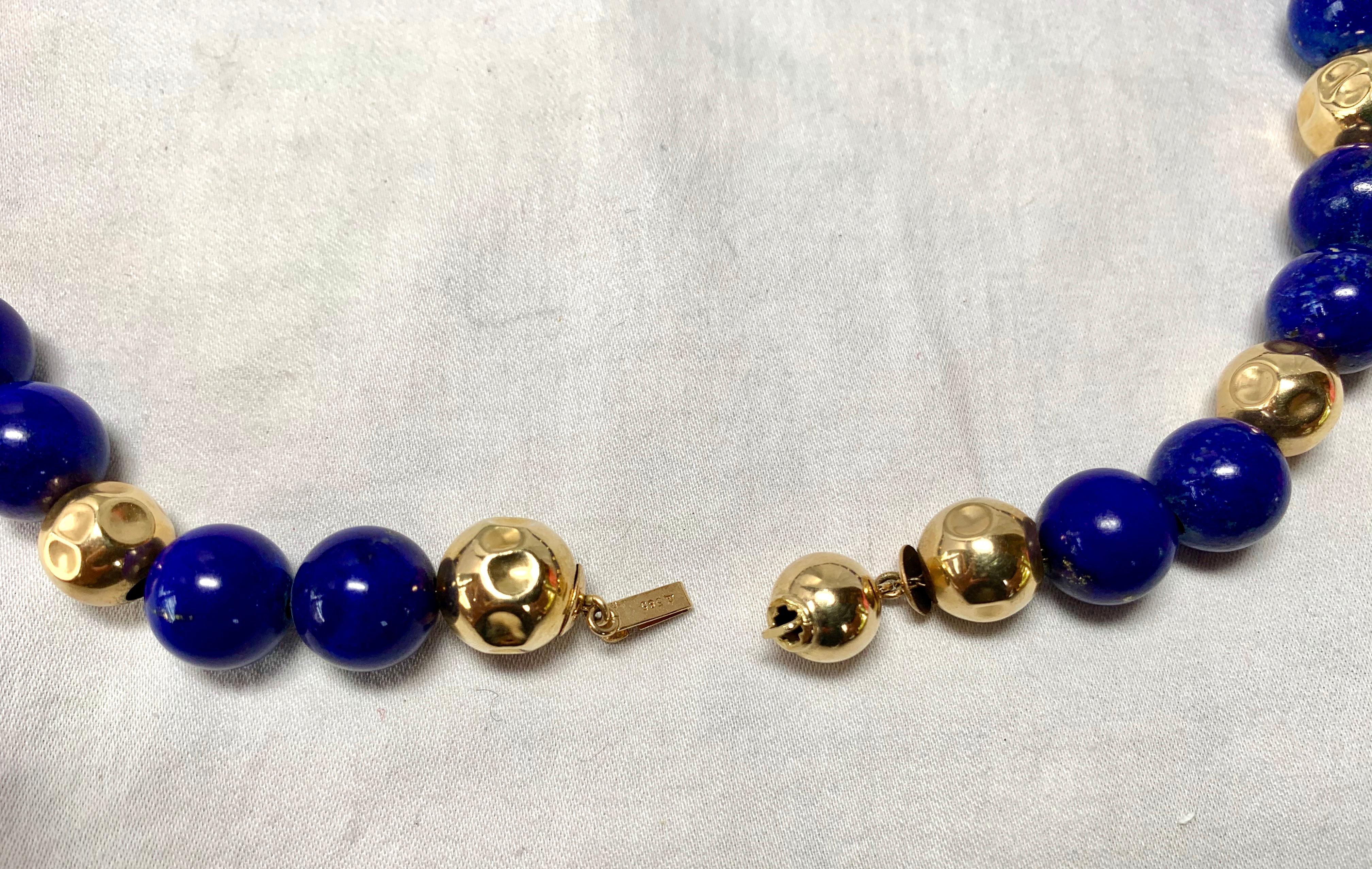 Round Cut Lapis Lazuli 14 Karat Gold Bead Necklace Beads For Sale