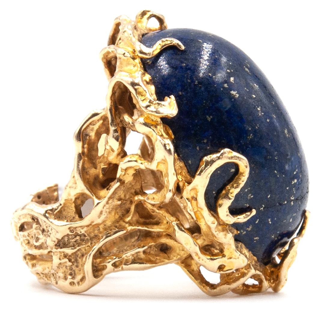 Modern Lapis Lazuli 14 Karat Yellow Gold Decorative Cocktail Ring