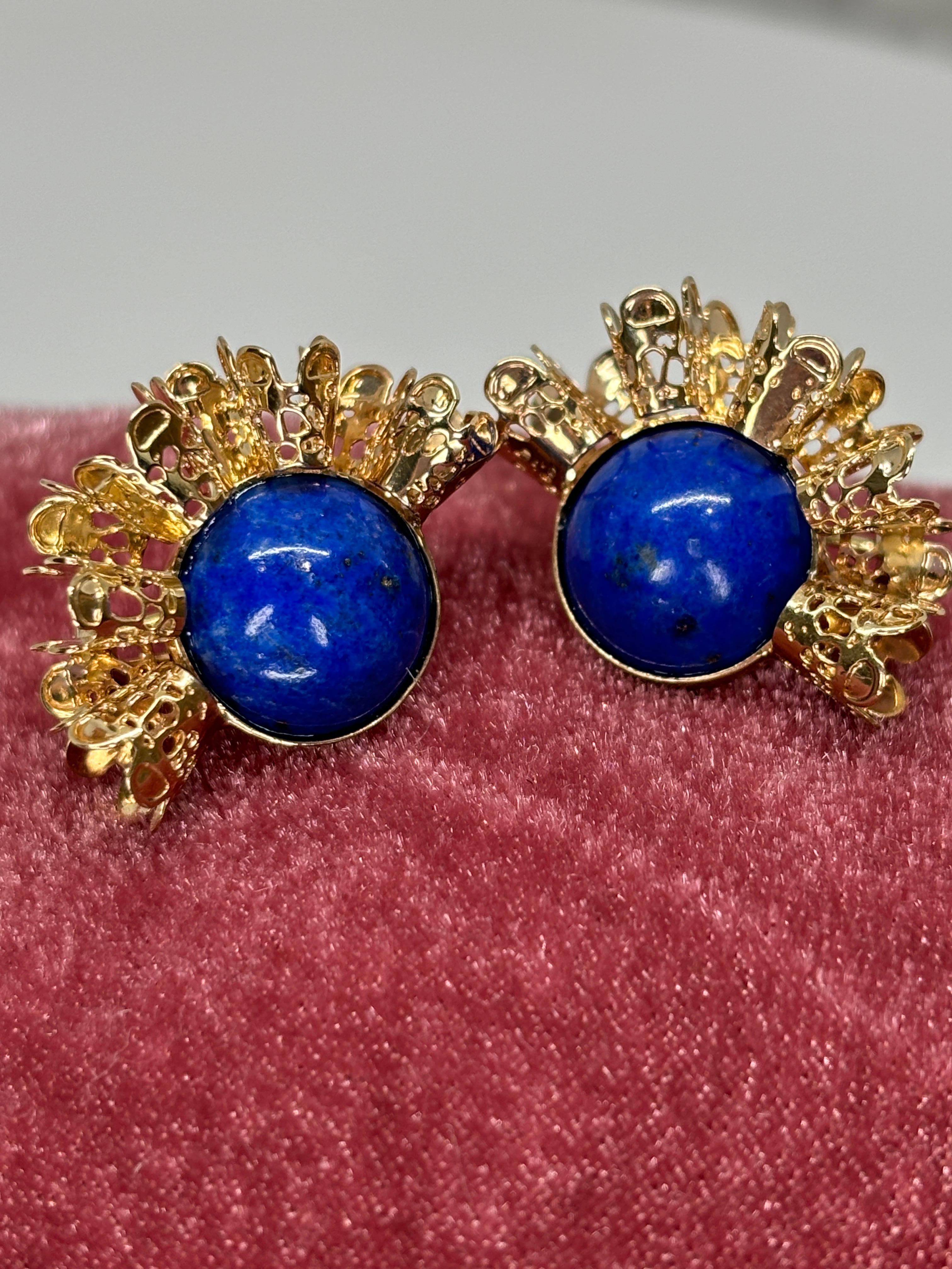 Lapis Lazuli 14k Yellow Gold Ruffle Gold Earrings Omega Back For Sale 5