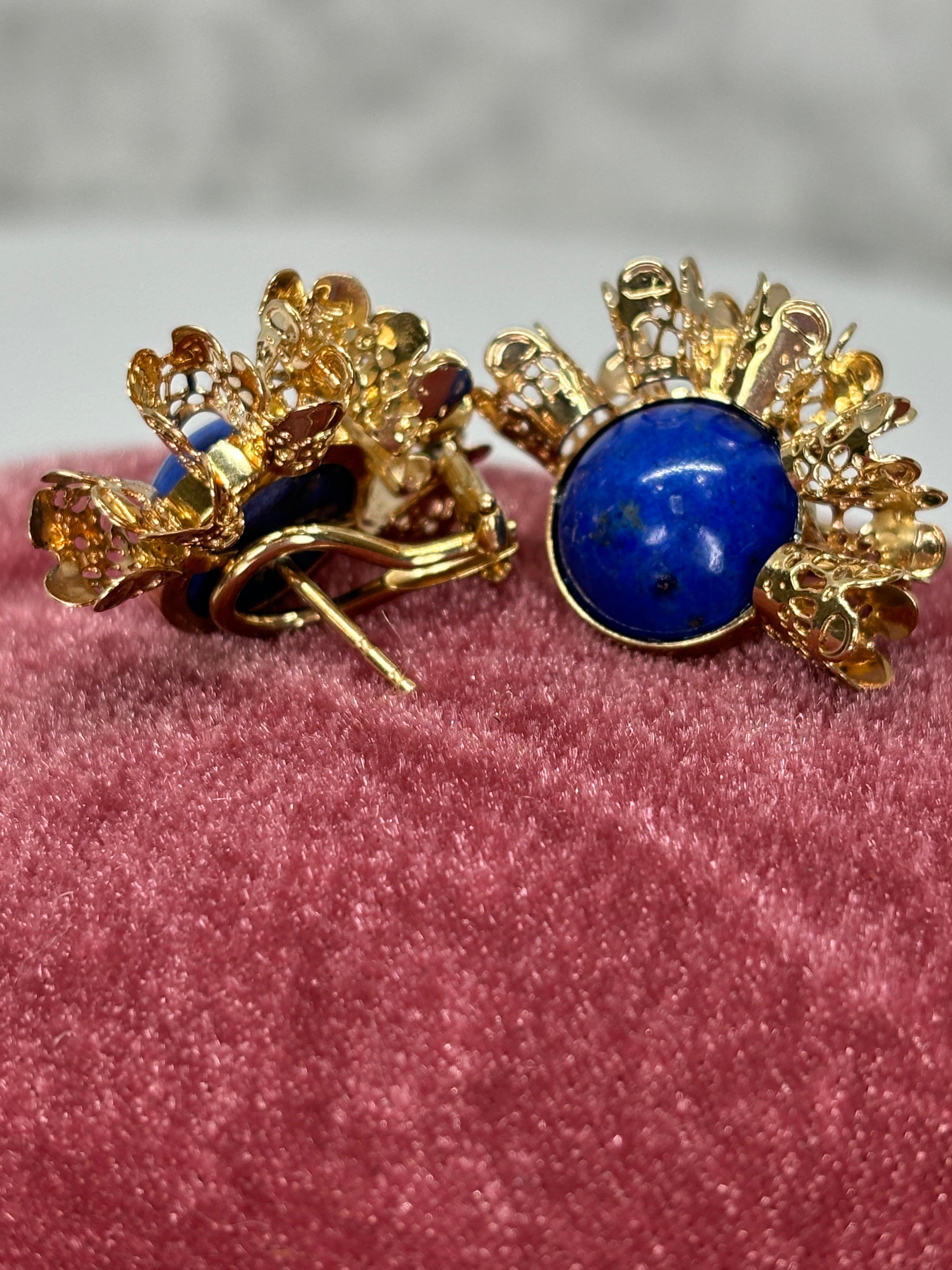 Lapis Lazuli 14k Yellow Gold Ruffle Gold Earrings Omega Back For Sale 6