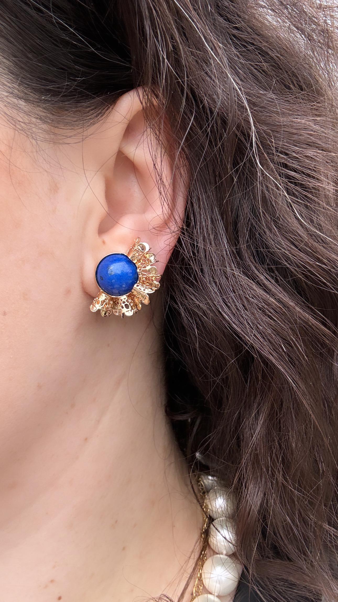 Lapis Lazuli 14k Yellow Gold Ruffle Gold Earrings Omega Back For Sale 8