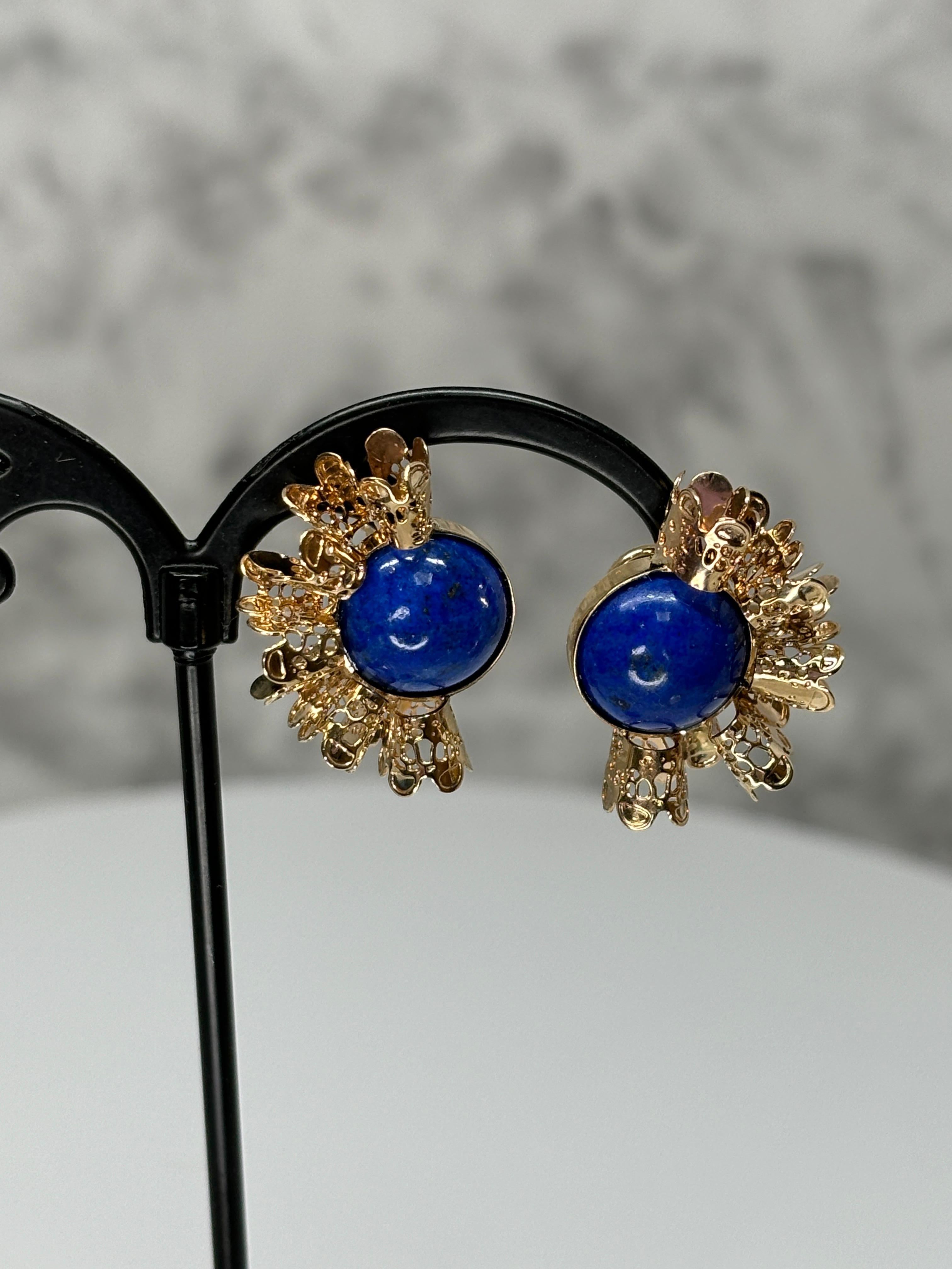 Lapis Lazuli 14k Yellow Gold Ruffle Gold Earrings Omega Back For Sale 1