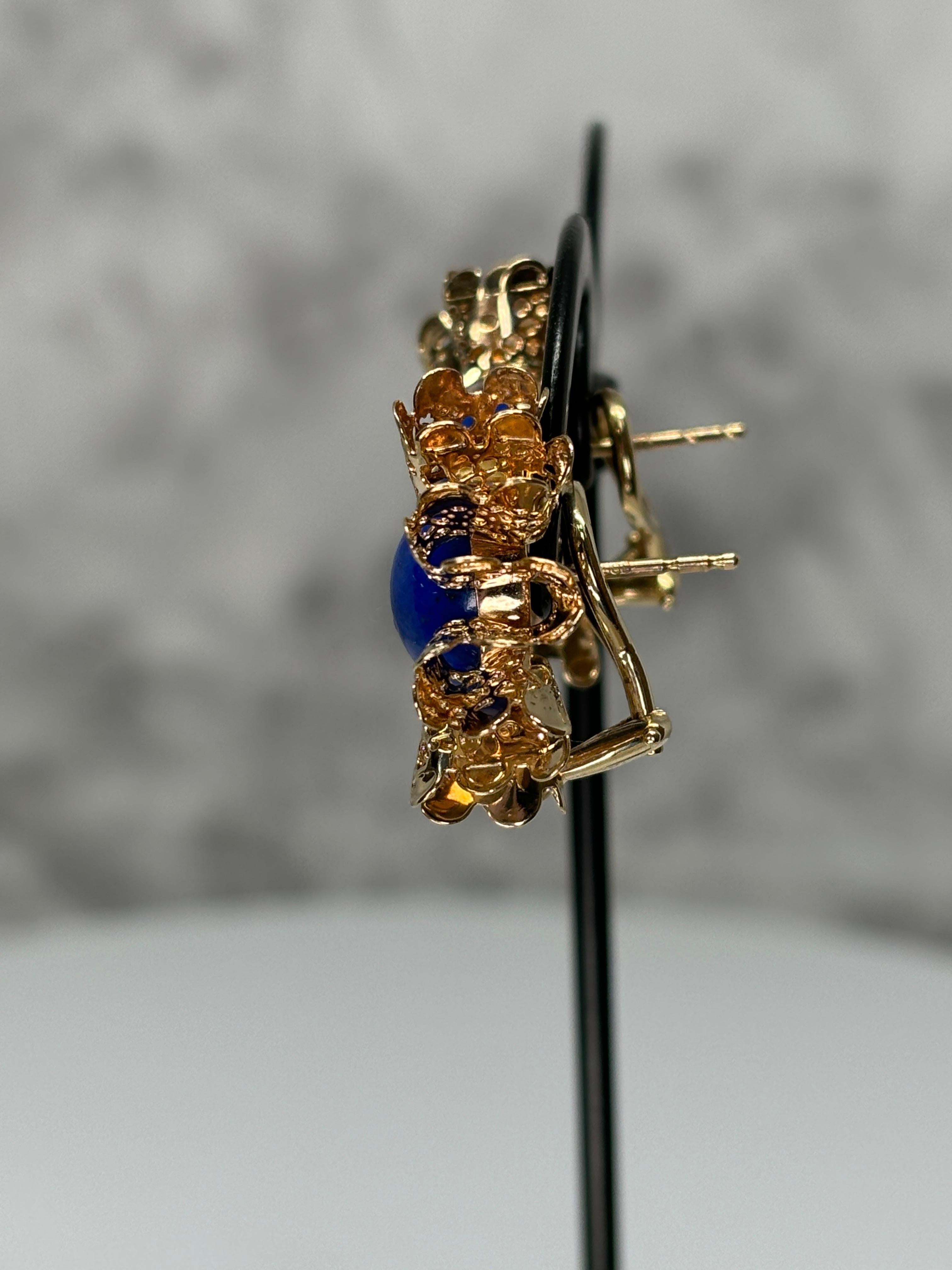 Lapis Lazuli 14k Yellow Gold Ruffle Gold Earrings Omega Back For Sale 2