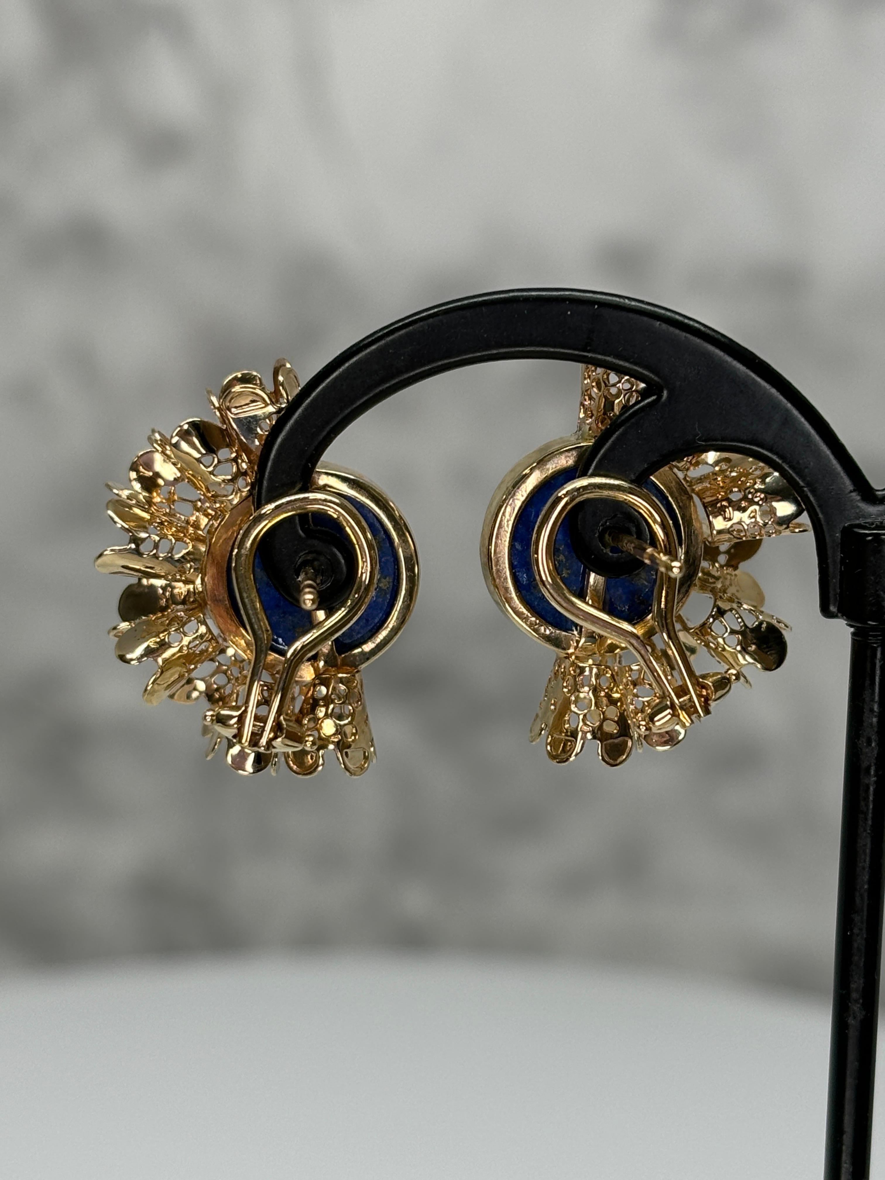 Lapis Lazuli 14k Yellow Gold Ruffle Gold Earrings Omega Back For Sale 3