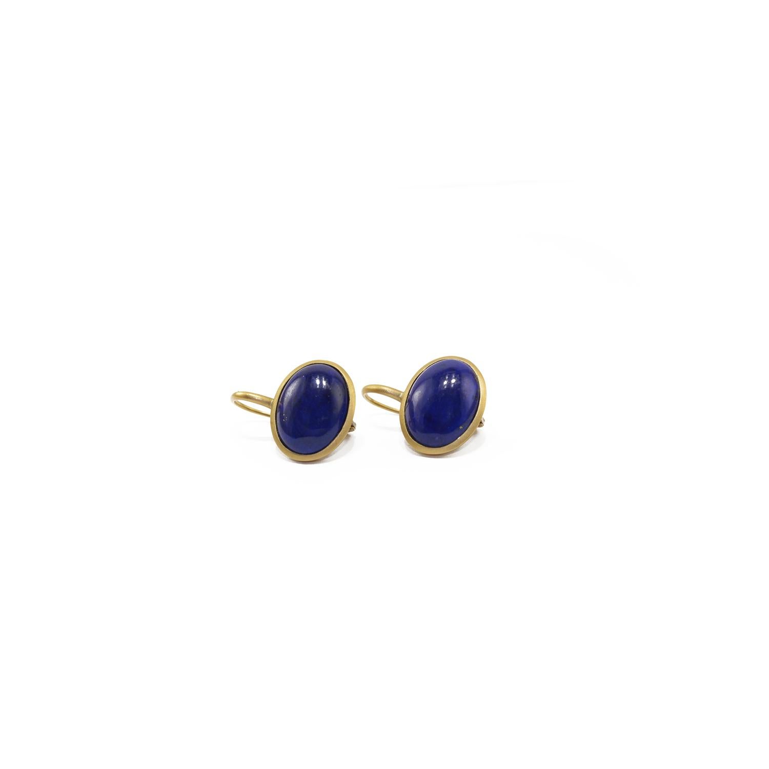 Artisan Lapis Lazuli 18 Karat Satin Yellow Gold Earrings For Sale