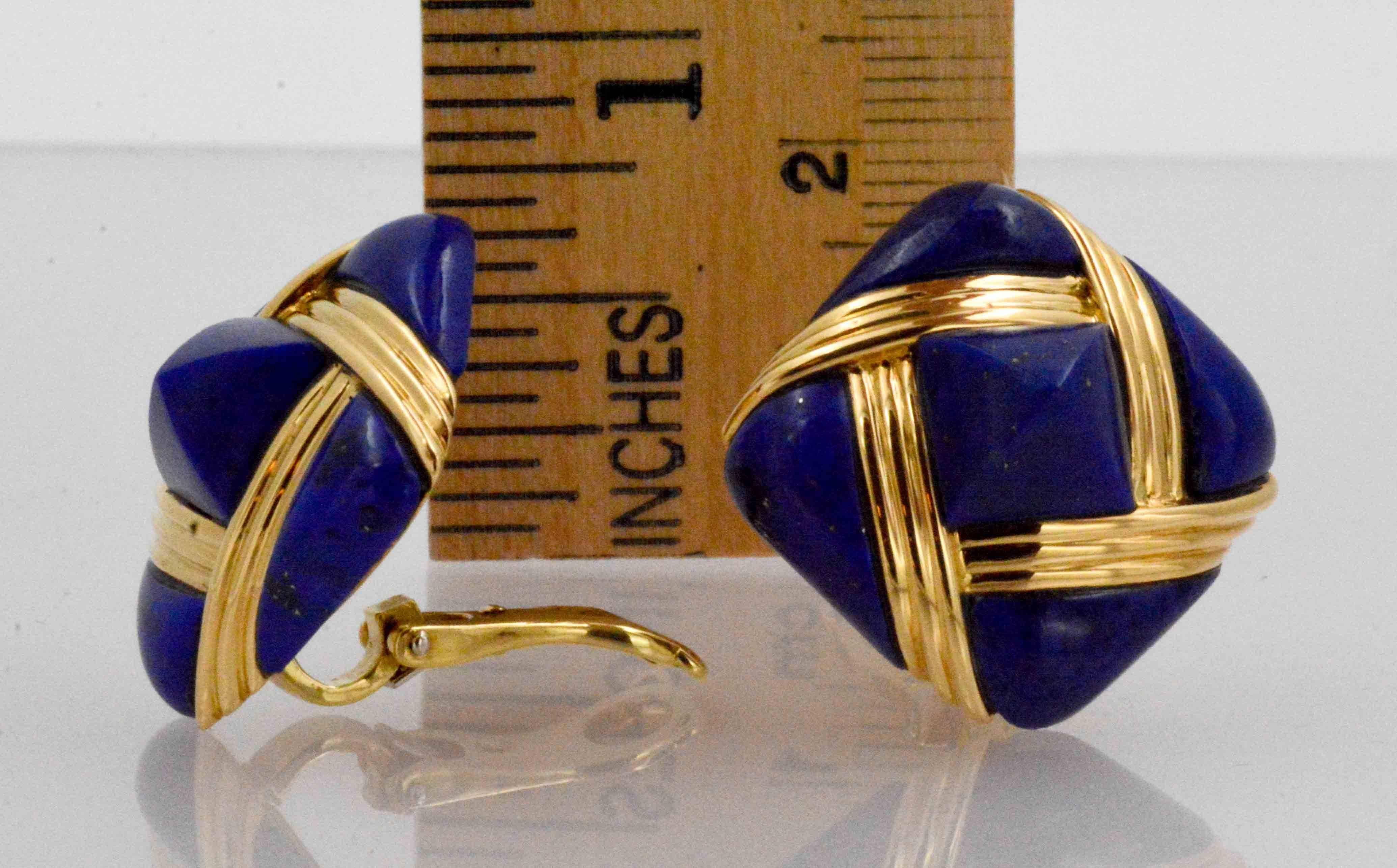 Women's Lapis Lazuli 18 Karat Yellow Gold Square Clip-On Earrings