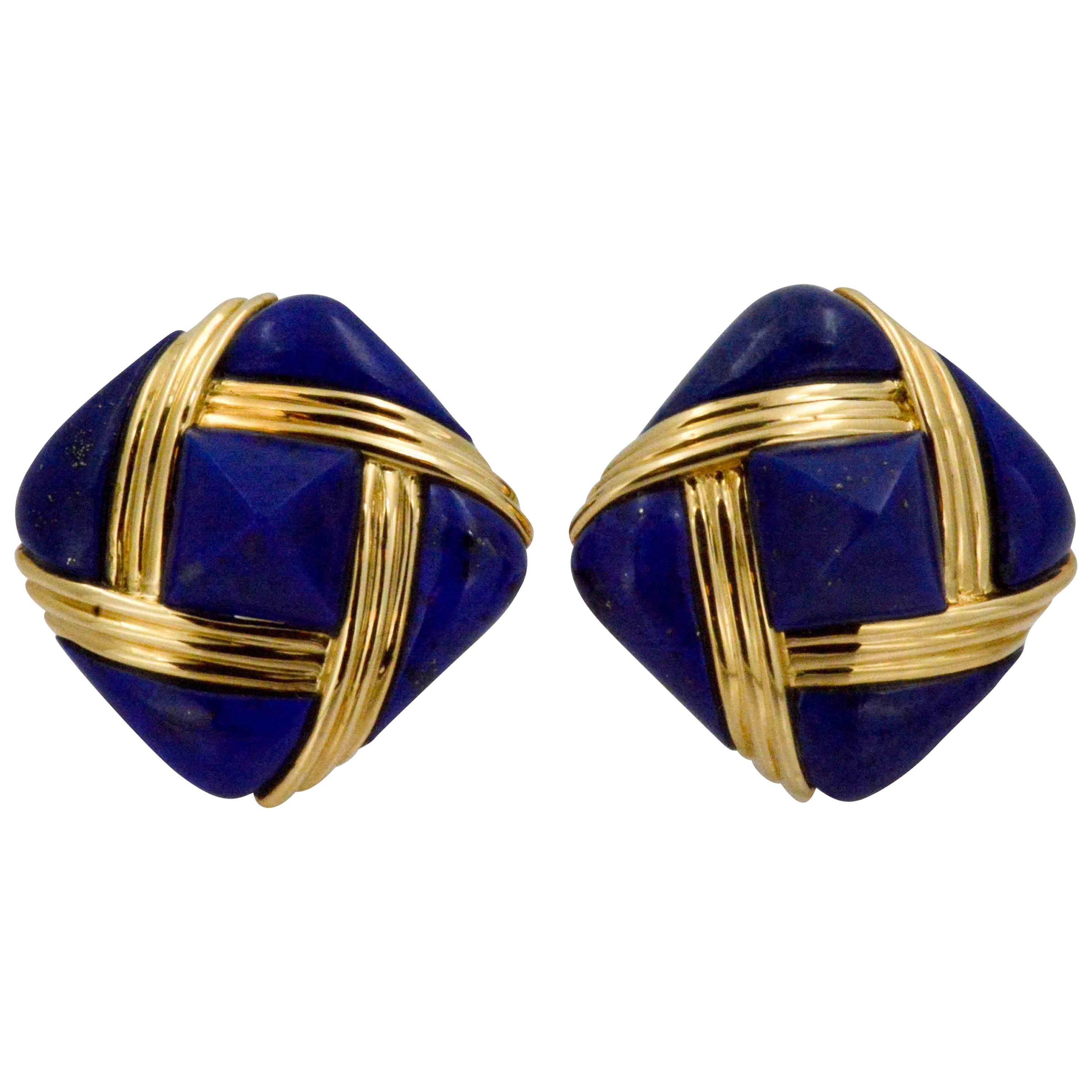 Lapis Lazuli 18 Karat Yellow Gold Square Clip-On Earrings