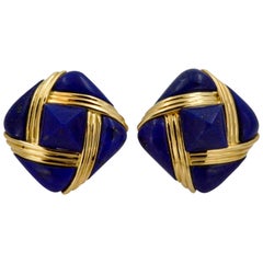 Lapis Lazuli 18 Karat Yellow Gold Square Clip-On Earrings