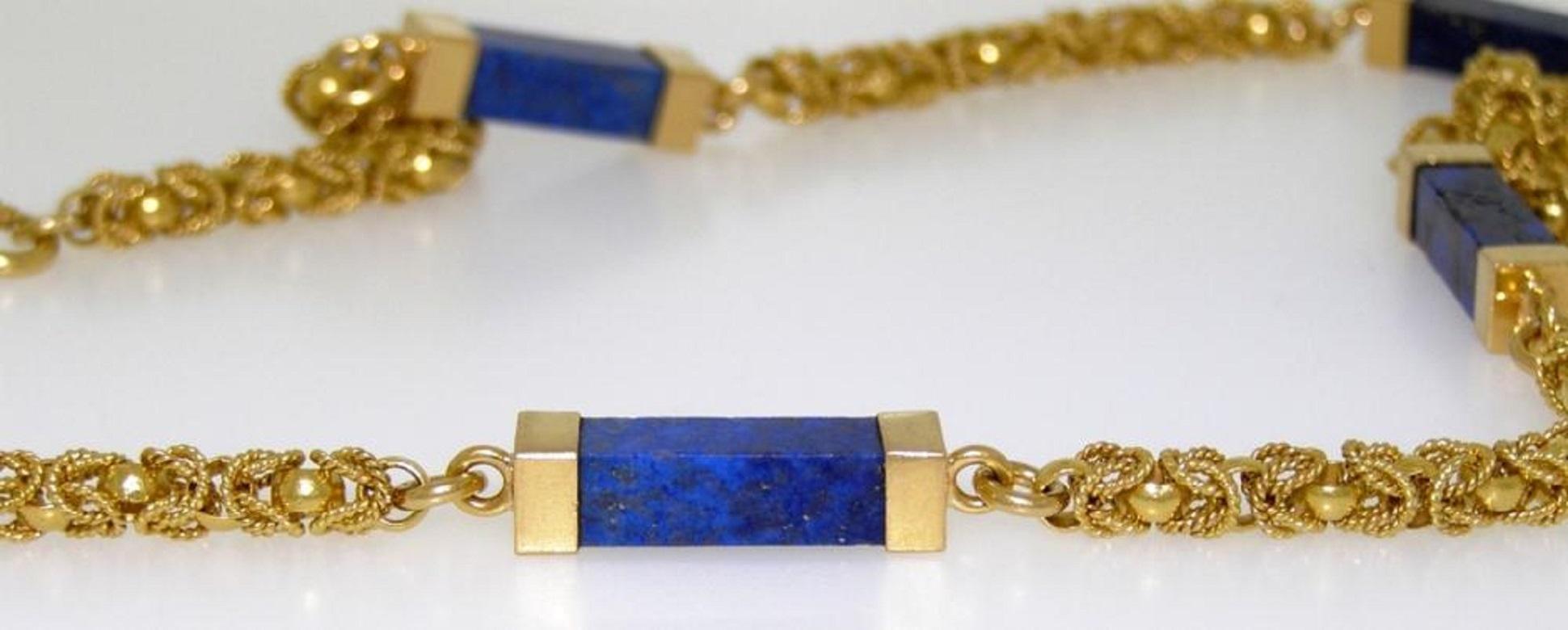 Vintage Fine Quality Lapis Lazuli 18k Yellow Gold Long Necklace 28 Inches A fine quality meticulously made Lapis Lazuli and 18k yellow gold long necklace. Highly intricate Byzantine-style design 18k yellow gold chain separated at intervals by a