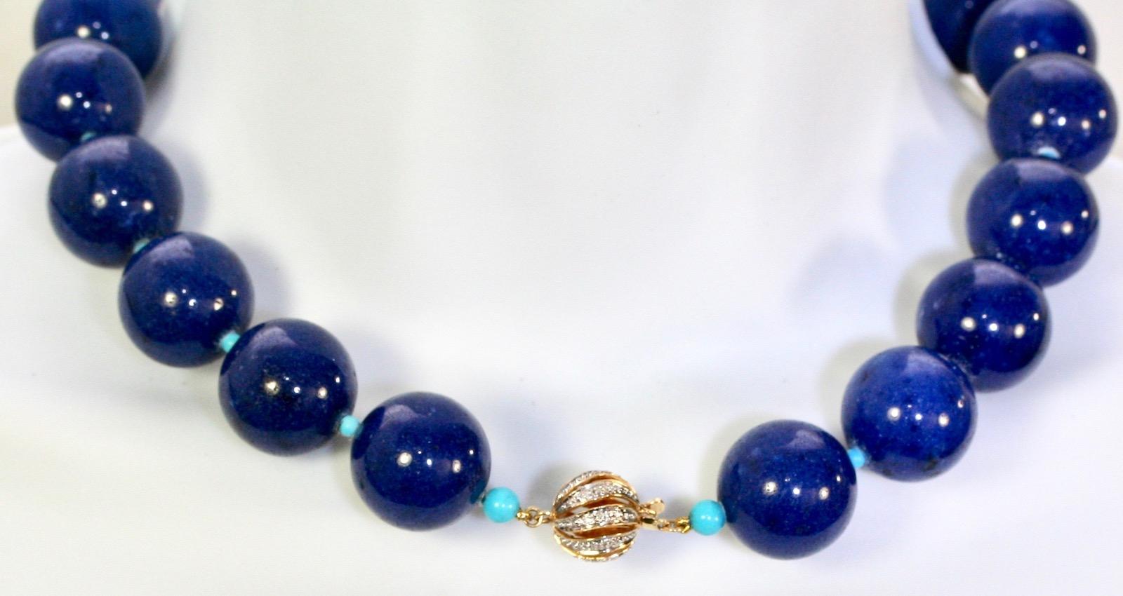 Is there a more intense and beautiful color than that of Lapis Lazuli?  These large 20mm lapis lazuli beads are enhanced by 2.5mm Sleeping Beauty turquoise beads as spacers between the large lapis.  The contrast of the baby blue turquoise beads and