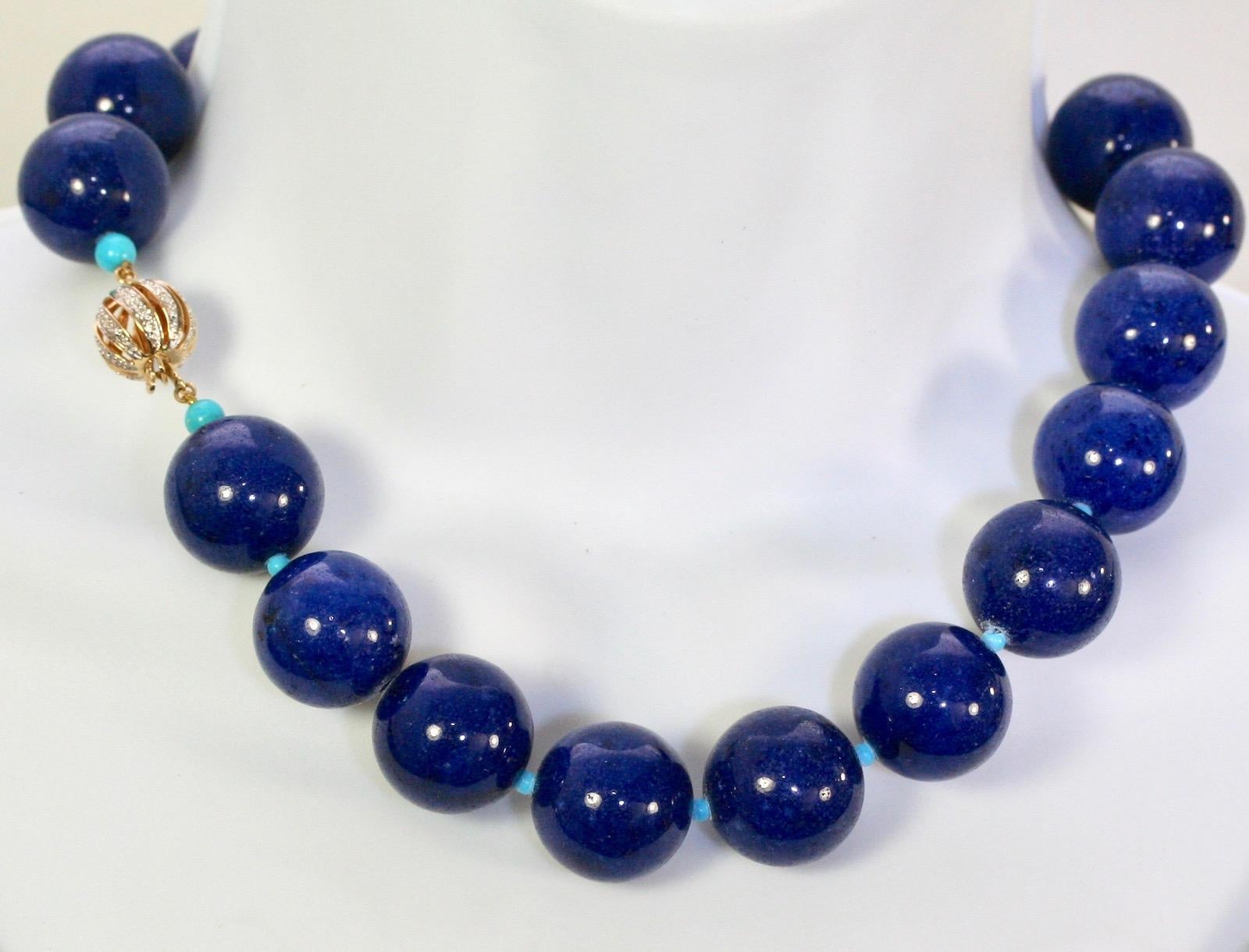 Contemporary Lapis Lazuli Beads Sleeping Beauty Spacers 14 Karat Rose Gold and Diamond Clasp For Sale