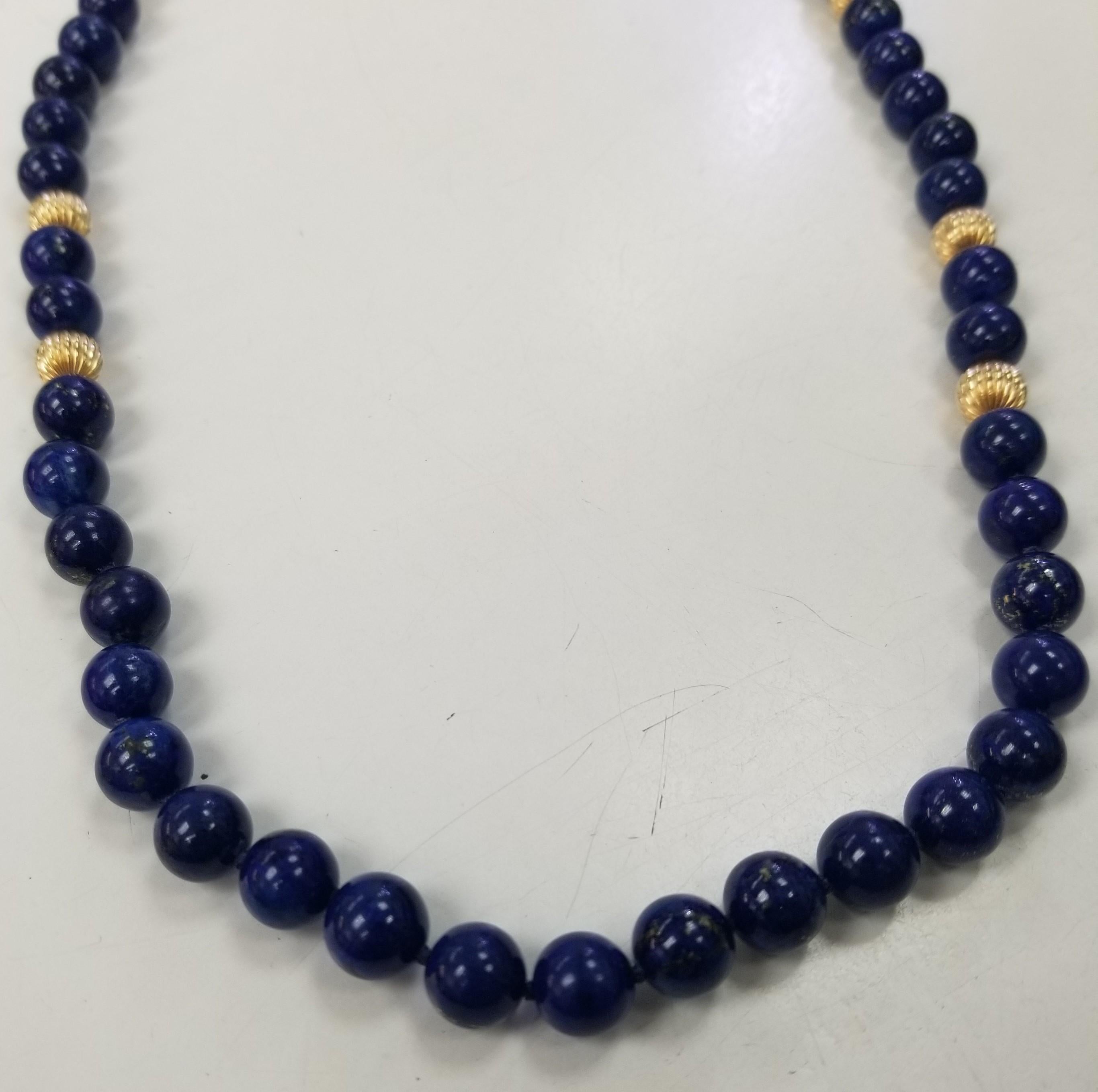 Contemporary Lapis Lazuli 9.5 - 10mm Beads with 14k yellow gold Rondelle Necklace 36 inches For Sale