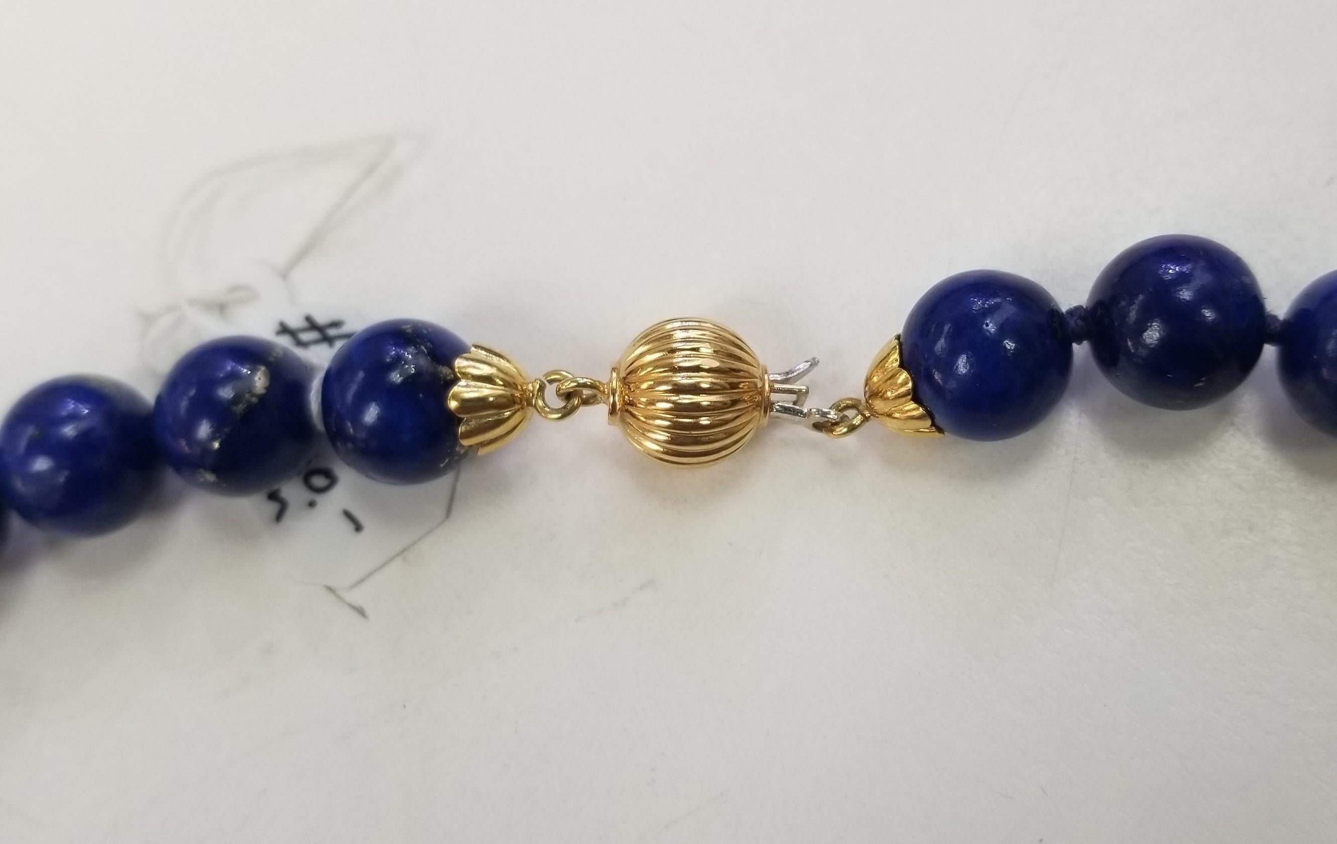 Women's or Men's Lapis Lazuli 9.5 - 10mm Beads with 14k yellow gold Rondelle Necklace 36 inches For Sale