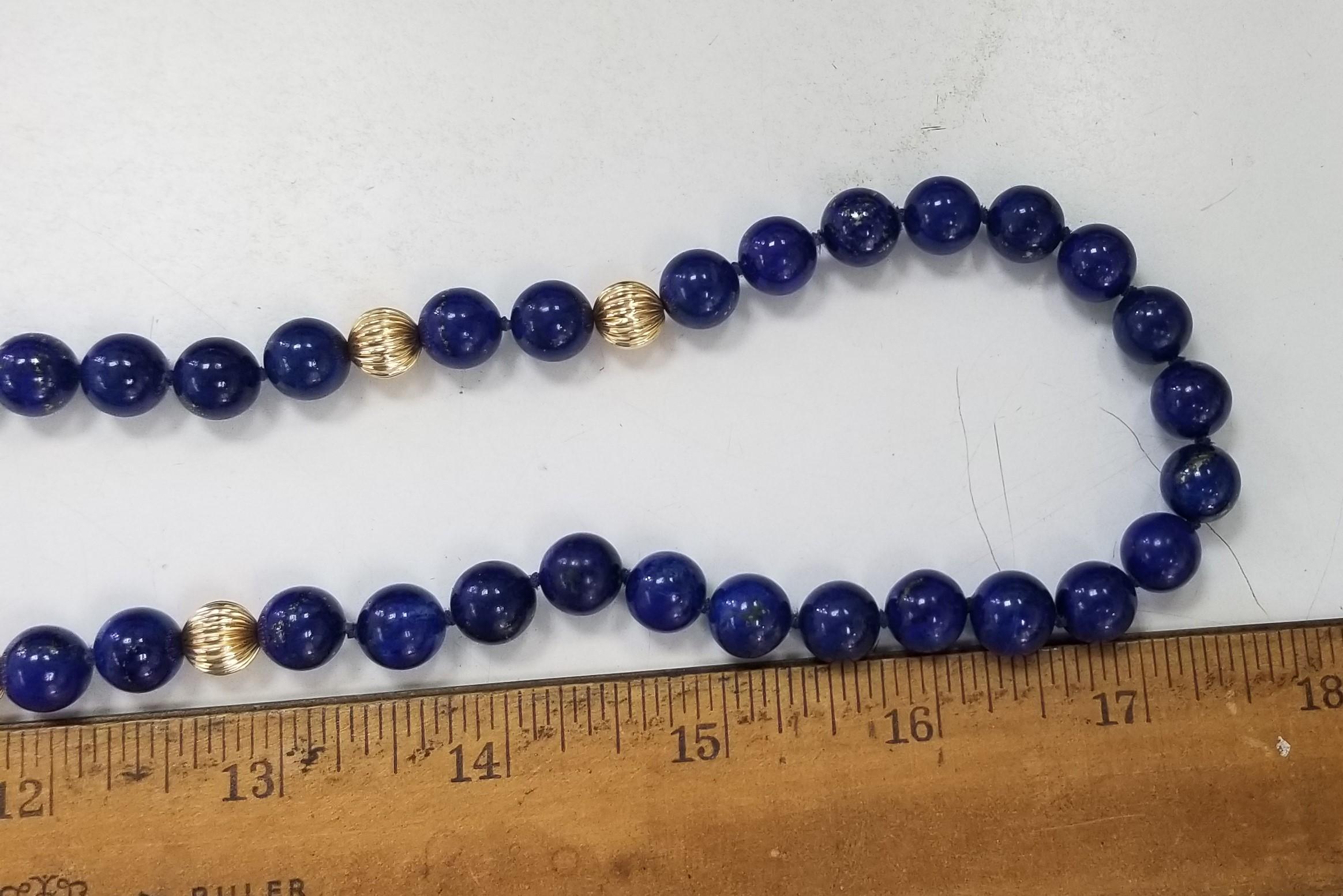 Lapis Lazuli 9.5 - 10mm Beads with 14k yellow gold Rondelle Necklace 36 inches For Sale 1
