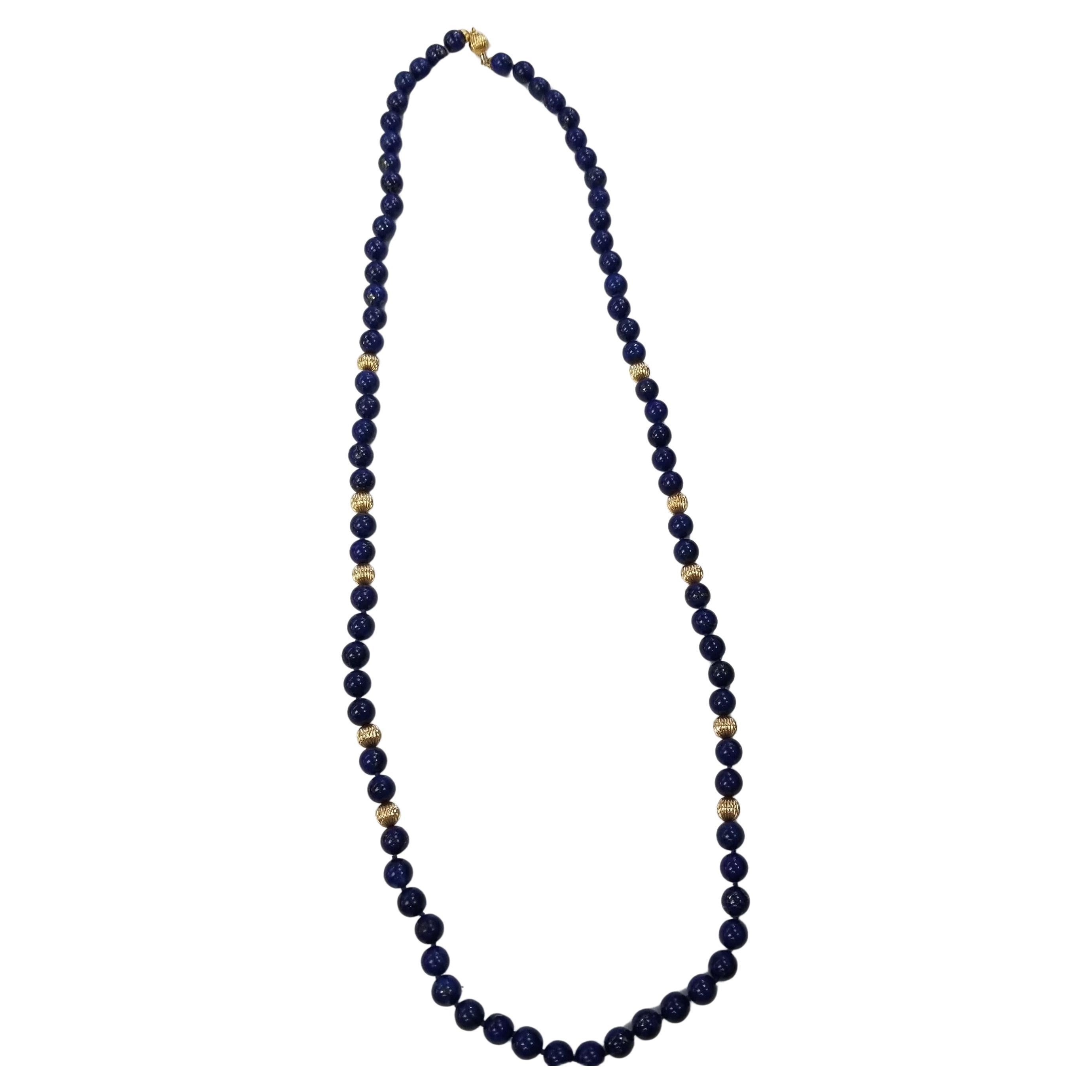 Lapis Lazuli 9.5 - 10mm Beads with 14k yellow gold Rondelle Necklace 36 inches For Sale