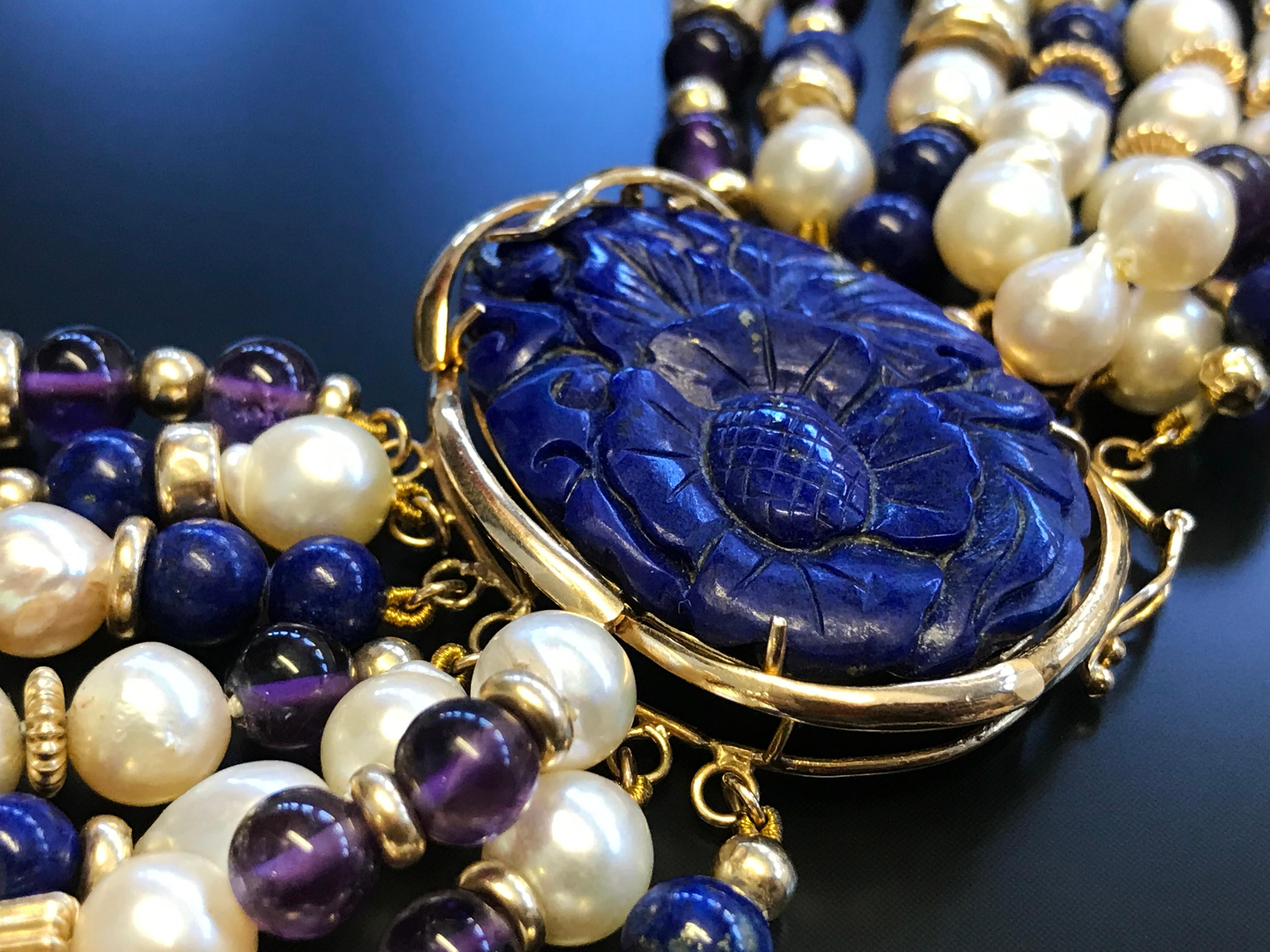 Retro Lapis Lazuli Amethyst Pearl Choker Necklace