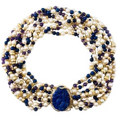 Lapis Lazuli Amethyst Pearl Choker Necklace
