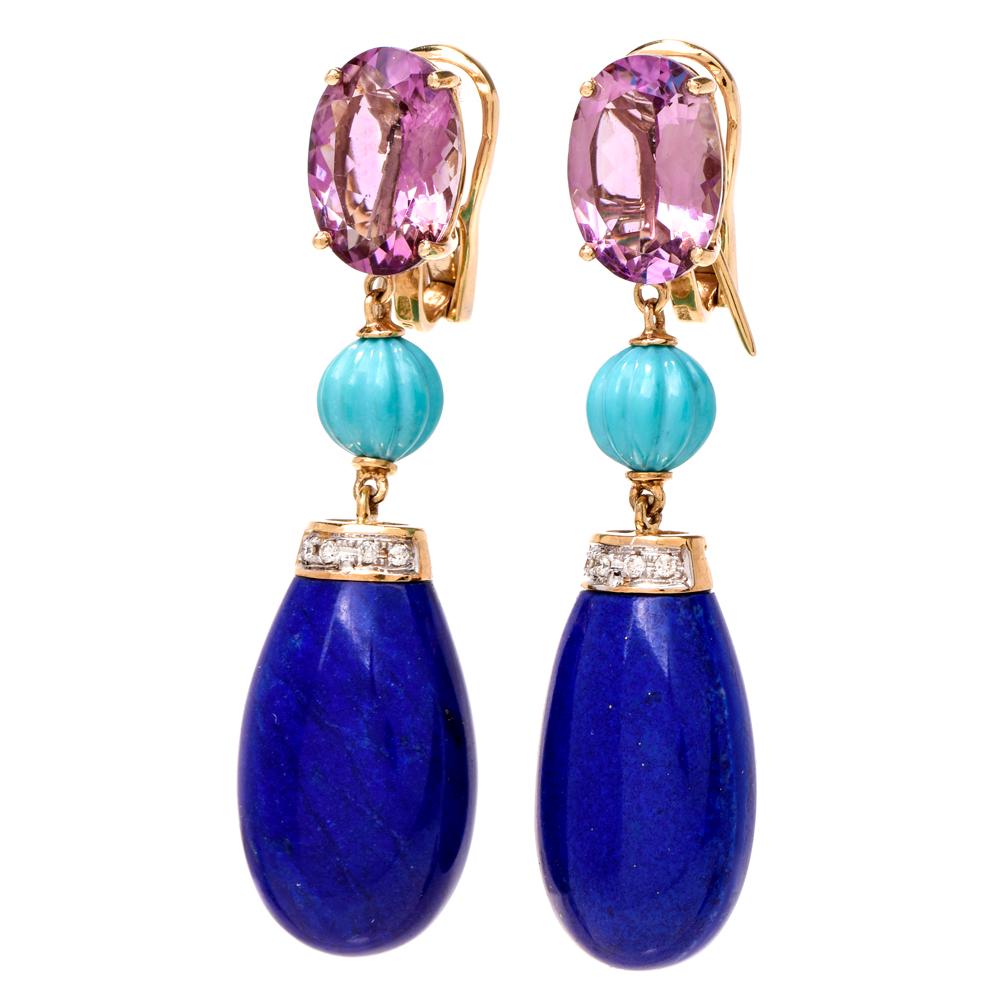 Lapis Lazuli Amethyst Turquoise Diamond 18 Karat Gold Dangle Earrings In Excellent Condition In Miami, FL